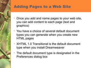Adding Pages to a Web Site Once you add and name pages to your web site, you can add content to each page (text and graphics) You have a choice of several default document types you can generate when you create new HTML pages XHTML 1.0 Transitional is the default document type when you install Dreamweaver The default document type is designated in the Preferences dialog box 
