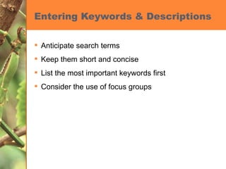 Entering Keywords & Descriptions Anticipate search terms Keep them short and concise List the most important keywords first Consider the use of focus groups 