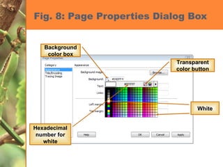 Fig. 8: Page Properties Dialog Box Background color box Transparent color button Hexadecimal number for white White 