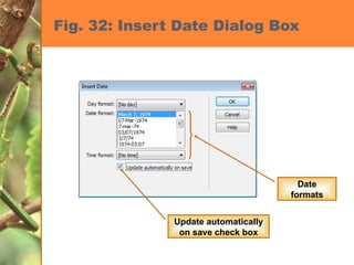 Fig. 32: Insert Date Dialog Box Update automatically on save check box Date formats 