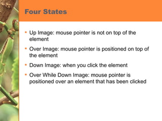 Four States Up Image: mouse pointer is not on top of the element Over Image: mouse pointer is positioned on top of the element Down Image: when you click the element Over While Down Image: mouse pointer is positioned over an element that has been clicked 