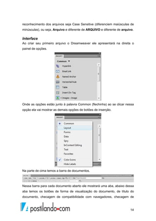 14
reconhecimento dos arquivos seja Case Sensitive (diferenciem maiúsculas de
minúsculas), ou seja, Arquivo e diferente de ARQUIVO e diferente de arquivo.
Interface
Ao criar seu primeiro arquivo o Dreamweaver ele apresentará na direita o
painel de opções.
Onde as opções estão junto à palavra Common (flechinha) ao se clicar nessa
opção ela vai mostrar as demais opções de botões de inserção.
Na parte de cima temos a barra de documentos.
Nessa barra para cada documento aberto ele mostrará uma aba, abaixo dessa
aba temos os botões de forma de visualização do documento, de título do
documento, checagem de compatibilidade com navegadores, checagem de
 