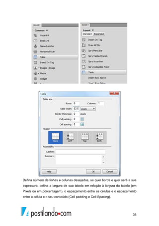 38
Defina número de linhas e colunas desejadas, se quer borda e qual será a sua
espessura, defina a largura de sua tabela em relação à largura da tabela (em
Pixels ou em porcentagem), o espaçamento entre as células e o espaçamento
entre a célula e o seu conteúdo (Cell padding e Cell Spacing).
 