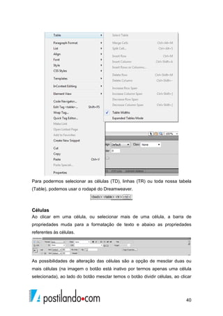 40
Para podermos selecionar as células (TD), linhas (TR) ou toda nossa tabela
(Table), podemos usar o rodapé do Dreamweaver.
Células
Ao clicar em uma célula, ou selecionar mais de uma célula, a barra de
propriedades muda para a formatação de texto e abaixo as propriedades
referentes às células.
As possibilidades de alteração das células são a opção de mesclar duas ou
mais células (na imagem o botão está inativo por termos apenas uma célula
selecionada), ao lado do botão mesclar temos o botão dividir células, ao clicar
 
