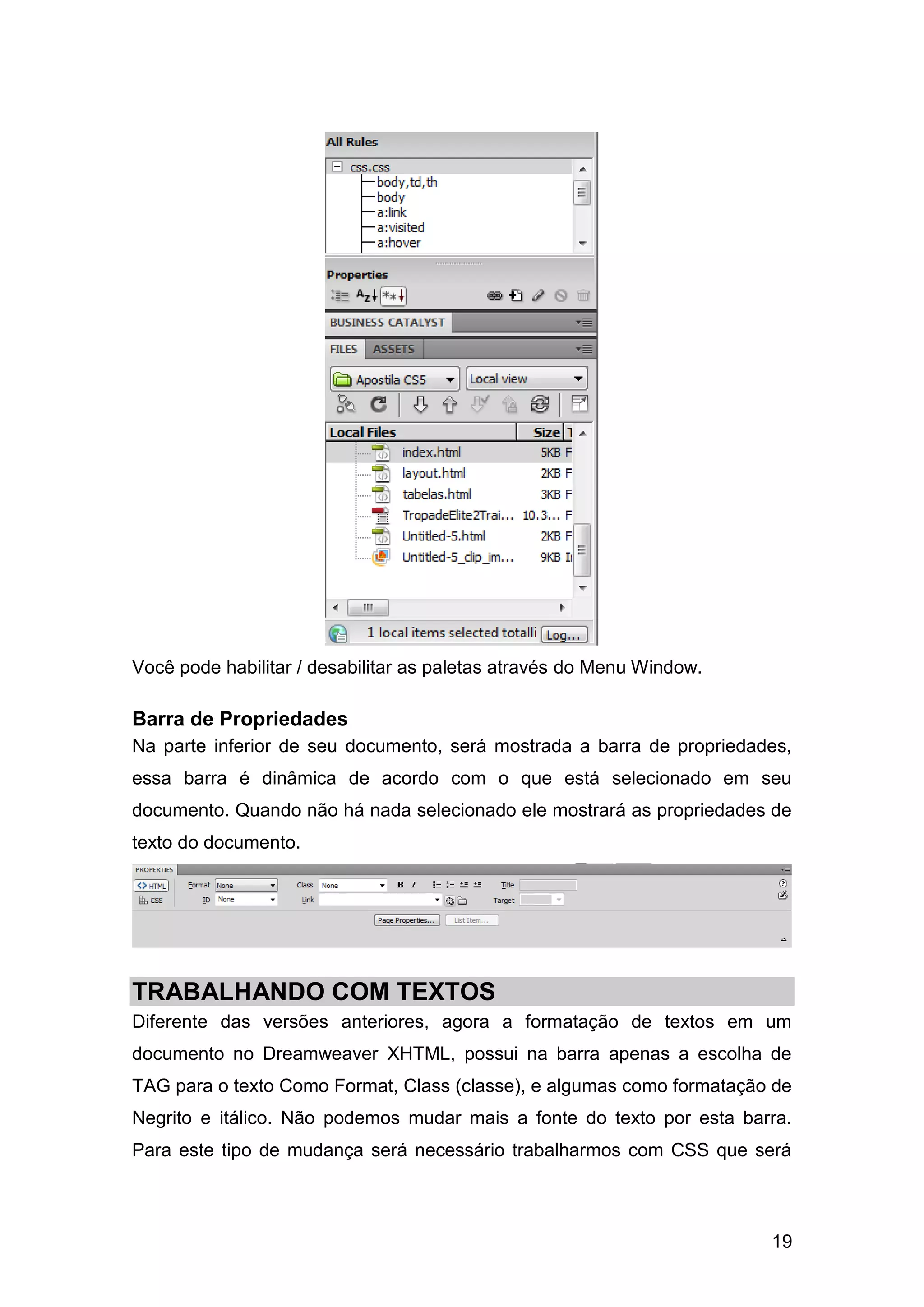 19
Você pode habilitar / desabilitar as paletas através do Menu Window.
Barra de Propriedades
Na parte inferior de seu documento, será mostrada a barra de propriedades,
essa barra é dinâmica de acordo com o que está selecionado em seu
documento. Quando não há nada selecionado ele mostrará as propriedades de
texto do documento.
TRABALHANDO COM TEXTOS
Diferente das versões anteriores, agora a formatação de textos em um
documento no Dreamweaver XHTML, possui na barra apenas a escolha de
TAG para o texto Como Format, Class (classe), e algumas como formatação de
Negrito e itálico. Não podemos mudar mais a fonte do texto por esta barra.
Para este tipo de mudança será necessário trabalharmos com CSS que será
 