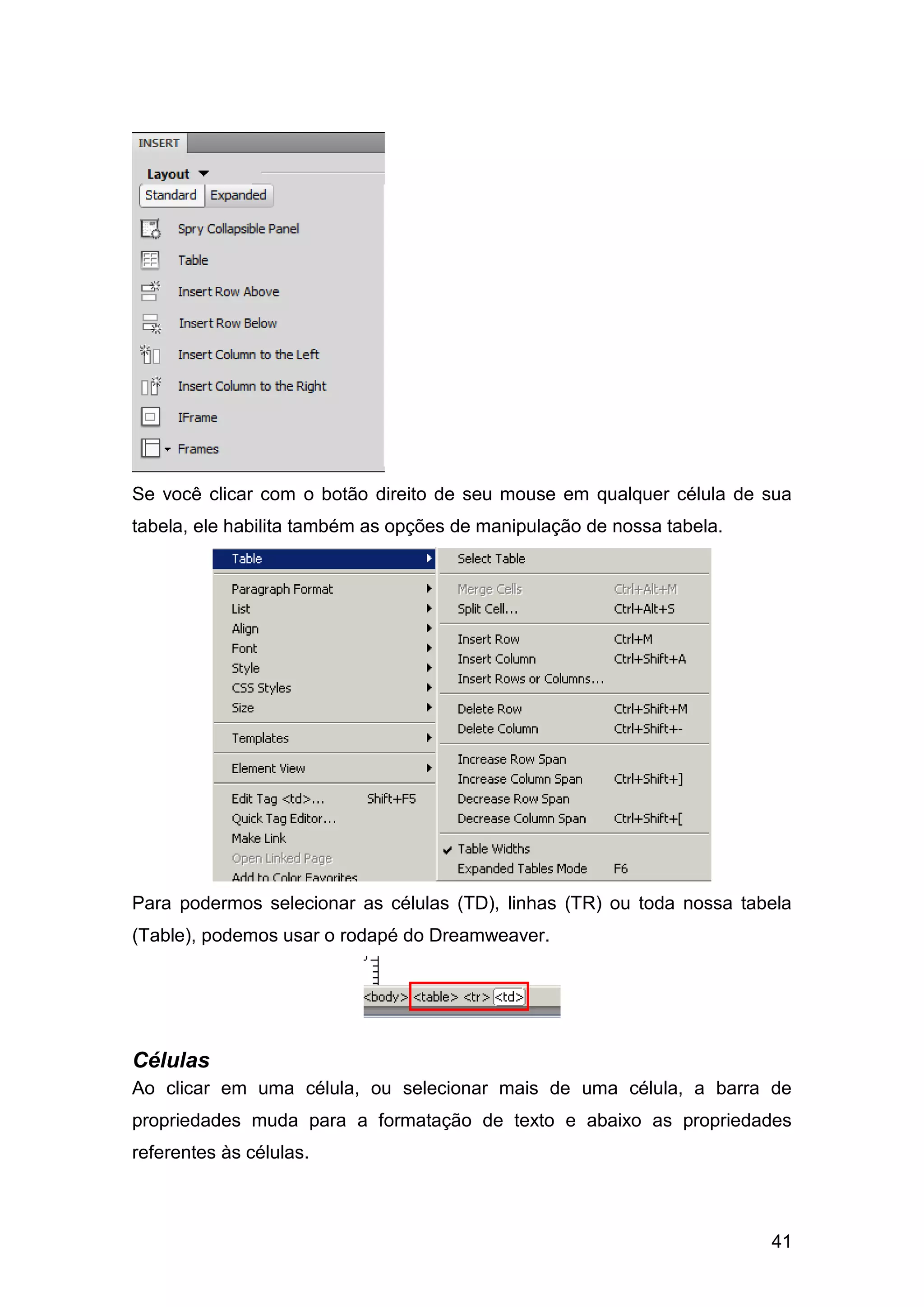 41
Se você clicar com o botão direito de seu mouse em qualquer célula de sua
tabela, ele habilita também as opções de manipulação de nossa tabela.
Para podermos selecionar as células (TD), linhas (TR) ou toda nossa tabela
(Table), podemos usar o rodapé do Dreamweaver.
Células
Ao clicar em uma célula, ou selecionar mais de uma célula, a barra de
propriedades muda para a formatação de texto e abaixo as propriedades
referentes às células.
 