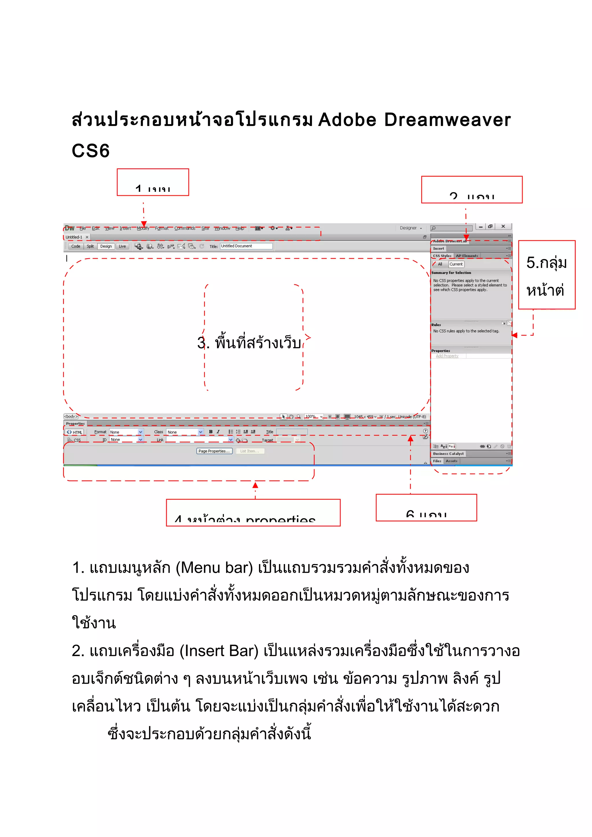 ส่วนประกอบหน้าจอโปรแกรม Adobe Dreamweaver
CS6
1. แถบเมนูหลัก (Menu bar) เป็นแถบรวมรวมคำาสั่งทั้งหมดของ
โปรแกรม โดยแบ่งคำาสั่งทั้งหมดออกเป็นหมวดหมู่ตามลักษณะของการ
ใช้งาน
2. แถบเครื่องมือ (Insert Bar) เป็นแหล่งรวมเครื่องมือซึ่งใช้ในการวางอ
อบเจ็กต์ชนิดต่าง ๆ ลงบนหน้าเว็บเพจ เช่น ข้อความ รูปภาพ ลิงค์ รูป
เคลื่อนไหว เป็นต้น โดยจะแบ่งเป็นกลุ่มคำาสั่งเพื่อให้ใช้งานได้สะดวก
ซึ่งจะประกอบด้วยกลุ่มคำาสั่งดังนี้
1.เมนู
3. พื้นที่สร้างเว็บ
2. แถบ
5.กลุ่ม
หน้าต่
าง
6.แถบ4.หน้าต่าง properties
 