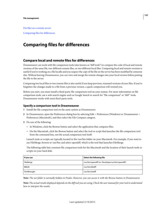 127
File management
Last updated 2/19/2015
Put files on a remote server
Comparing files for differences
Comparing files for differences
Compare local and remote files for differences
Dreamweaver can work with file comparison tools (also known as “diff tools”) to compare the code of local and remote
versions of the same file, two different remote files, or two different local files. Comparing local and remote versions is
useful if you’re working on a file locally and you suspect the copy of the file on the server has been modified by someone
else. Without leaving Dreamweaver, you can view and merge the remote changes into your local version before putting
the file to the server.
Comparing two local files or two remote files is also useful if you keep previous, renamed versions of your files. If you’ve
forgotten the changes made to a file from a previous version, a quick comparison will remind you.
Before you start, you must install a third-party file comparison tool on your system. For more information on file
comparison tools, use a web search engine such as Google Search to search for “file comparison” or “diff” tools.
Dreamweaver works with most third-party tools.
Specify a comparison tool in Dreamweaver
1 Install the file comparison tool on the same system as Dreamweaver.
2 In Dreamweaver, open the Preferences dialog box by selecting Edit > Preferences (Windows) or Dreamweaver >
Preferences (Macintosh), and then select the File Compare category.
3 Do one of the following:
• In Windows, click the Browse button and select the application that compares files.
• On the Macintosh, click the Browse button and select the tool or script that launches the file comparison tool
from the command line, not the actual comparison tool itself.
Launch tools or scripts are typically located in the /usr/bin folder on your Macintosh. For example, if you want to
use FileMerge, browse to /usr/bin and select opendiff, which is the tool that launches FileMerge.
The following table lists common file comparison tools for the Macintosh and the location of their launch tools or
scripts on your hard disk:
Note: The usr folder is normally hidden in Finder. However, you can access it with the Browse button in Dreamweaver.
Note: The actual results displayed depends on the diff tool you are using. Check the user manual for your tool to understand
how to interpret the results.
If you use Select the following file
FileMerge /usr/bin/opendiff (or /Developer/usr/bin/opendiff)
BBEdit /usr/bin/bbdiff
TextWrangler /usr/bin/twdiff
 