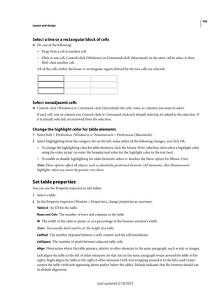 166
Layout and design
Last updated 2/19/2015
Select a line or a rectangular block of cells
❖ Do one of the following:
• Drag from a cell to another cell.
• Click in one cell, Control-click (Windows) or Command-click (Macintosh) in the same cell to select it, then
Shift-click another cell.
All of the cells within the linear or rectangular region defined by the two cells are selected.
Select nonadjacent cells
❖ Control-click (Windows) or Command-click (Macintosh) the cells, rows, or columns you want to select.
If each cell, row, or column you Control-click or Command-click isn’t already selected, it’s added to the selection. If
it is already selected, it’s removed from the selection.
Change the highlight color for table elements
1 Select Edit > Preferences (Windows) or Dreamweaver > Preferences (Macintosh).
2 Select Highlighting from the category list on the left, make either of the following changes, and click OK.
• To change the highlighting color for table elements, click the Mouse-Over color box, then select a highlight color
using the color picker (or enter the hexadecimal value for the highlight color in the text box).
• To enable or disable highlighting for table elements, select or deselect the Show option for Mouse-Over.
Note: These options affect all objects, such as absolutely-positioned elements (AP elements), that Dreamweaver
highlights when you move the pointer over them.
Set table properties
You can use the Property inspector to edit tables.
1 Select a table.
2 In the Property inspector (Window > Properties), change properties as necessary.
Table Id An ID for the table.
Rows and Cols The number of rows and columns in the table.
W The width of the table in pixels, or as a percentage of the browser window’s width.
Note: You usually don’t need to set the height of a table.
CellPad The number of pixels between a cell’s content and the cell boundaries.
CellSpace The number of pixels between adjacent table cells.
Align Determines where the table appears, relative to other elements in the same paragraph, such as text or images.
Left aligns the table to the left of other elements (so that text in the same paragraph wraps around the table to the
right); Right aligns the table to the right of other elements (with text wrapping around it to the left); and Center
centers the table (with text appearing above and/or below the table). Default indicates that the browser should use
its default alignment.
 