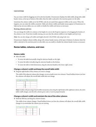 170
Layout and design
Last updated 2/19/2015
You can resize a table by dragging one of its selection handles. Dreamweaver displays the table width, along with a table
header menu, at the top or bottom of the table when the table is selected or the insertion point is in the table.
Sometimes the column widths set in the HTML code do not match their apparent widths on the screen. When this
happens, you can make the widths consistent. Table and column widths and header menus appear in Dreamweaver to
help you lay out your tables; you can enable or disable the widths and menus as necessary.
Resizing columns and rows
You can change the width of a column or the height of a row in the Property inspector or by dragging the borders of
the column or row. If you have trouble resizing, you can clear the column widths or row heights and start over.
Note: You can also change cell widths and heights directly in the HTML code using Code view.
Dreamweaver displays column widths, along with column header menus, at the tops or bottoms of columns when the
table is selected or the insertion point is in the table; you can enable or disable the column header menus as necessary.
Resize tables, columns, and rows
Resize a table
❖ Select the table.
• To resize the table horizontally, drag the selection handle on the right.
• To resize the table vertically, drag the selection handle on the bottom.
• To resize the table in both dimensions, drag the selection handle at the lower-right corner.
Change a column’s width and keep the overall table width
❖ Drag the right border of the column you want to change.
The width of the adjacent column also changes, so you actually resize two columns. Visual feedback shows you how
the columns will adjust; the overall table width does not change.
Note: In tables with percentage-based widths (not pixels), if you drag the right border of the rightmost column, the entire
table’s width changes, and all of the columns grow wider or narrow proportionately.
Change a column’s width and maintain the size of the other columns
❖ Hold the Shift key and drag the column’s border.
The width of one column changes. Visual feedback shows you how the columns will adjust; the overall table width
changes to accommodate the column you are resizing.
 