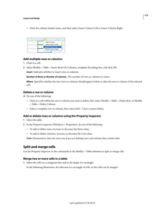 172
Layout and design
Last updated 2/19/2015
• Click the column header menu, and then select Insert Column Left or Insert Column Right.
Add multiple rows or columns
1 Click in a cell.
2 Select Modify > Table > Insert Rows Or Columns, complete the dialog box, and click OK.
Insert Indicates whether to insert rows or columns.
Number of Rows or Number of Columns The number of rows or columns to insert.
Where Specifies whether the new rows or columns should appear before or after the row or column of the selected
cell.
Delete a row or column
❖ Do one of the following:
• Click in a cell within the row or column you want to delete, then select Modify > Table > Delete Row, or Modify
> Table > Delete Column.
• Select a complete row or column, then select Edit > Clear or press Delete.
Add or delete rows or columns using the Property inspector
1 Select the table.
2 In the Property inspector (Windows > Properties), do one of the following:
• To add or delete rows, increase or decrease the Rows value.
• To add or delete columns, increase or decrease the Cols value.
Note: Dreamweaver does not warn you if you are deleting rows and columns that contain data.
Split and merge cells
Use the Property inspector or the commands in the Modify > Table submenu to split or merge cells.
Merge two or more cells in a table
1 Select the cells in a contiguous line and in the shape of a rectangle.
In the following illustration, the selection is a rectangle of cells, so the cells can be merged.
 