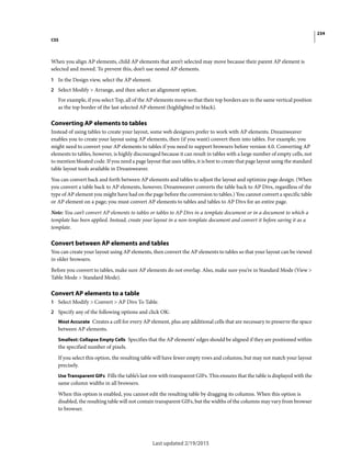234
CSS
Last updated 2/19/2015
When you align AP elements, child AP elements that aren’t selected may move because their parent AP element is
selected and moved. To prevent this, don’t use nested AP elements.
1 In the Design view, select the AP element.
2 Select Modify > Arrange, and then select an alignment option.
For example, if you select Top, all of the AP elements move so that their top borders are in the same vertical position
as the top border of the last selected AP element (highlighted in black).
Converting AP elements to tables
Instead of using tables to create your layout, some web designers prefer to work with AP elements. Dreamweaver
enables you to create your layout using AP elements, then (if you want) convert them into tables. For example, you
might need to convert your AP elements to tables if you need to support browsers before version 4.0. Converting AP
elements to tables, however, is highly discouraged because it can result in tables with a large number of empty cells, not
to mention bloated code. If you need a page layout that uses tables, it is best to create that page layout using the standard
table layout tools available in Dreamweaver.
You can convert back and forth between AP elements and tables to adjust the layout and optimize page design. (When
you convert a table back to AP elements, however, Dreamweaver converts the table back to AP Divs, regardless of the
type of AP element you might have had on the page before the conversion to tables.) You cannot convert a specific table
or AP element on a page; you must convert AP elements to tables and tables to AP Divs for an entire page.
Note: You can’t convert AP elements to tables or tables to AP Divs in a template document or in a document to which a
template has been applied. Instead, create your layout in a non-template document and convert it before saving it as a
template.
Convert between AP elements and tables
You can create your layout using AP elements, then convert the AP elements to tables so that your layout can be viewed
in older browsers.
Before you convert to tables, make sure AP elements do not overlap. Also, make sure you’re in Standard Mode (View >
Table Mode > Standard Mode).
Convert AP elements to a table
1 Select Modify > Convert > AP Divs To Table.
2 Specify any of the following options and click OK:
Most Accurate Creates a cell for every AP element, plus any additional cells that are necessary to preserve the space
between AP elements.
Smallest: Collapse Empty Cells Specifies that the AP elements’ edges should be aligned if they are positioned within
the specified number of pixels.
If you select this option, the resulting table will have fewer empty rows and columns, but may not match your layout
precisely.
Use Transparent GIFs Fills the table’s last row with transparent GIFs. This ensures that the table is displayed with the
same column widths in all browsers.
When this option is enabled, you cannot edit the resulting table by dragging its columns. When this option is
disabled, the resulting table will not contain transparent GIFs, but the widths of the columns may vary from browser
to browser.
 