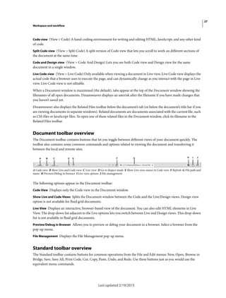 27
Workspace and workflow
Last updated 2/19/2015
Code view (View > Code) A hand-coding environment for writing and editing HTML, JavaScript, and any other kind
of code.
Split Code view (View > Split Code) A split version of Code view that lets you scroll to work on different sections of
the document at the same time.
Code and Design view (View > Code And Design) Lets you see both Code view and Design view for the same
document in a single window.
Live Code view (View > Live Code) Only available when viewing a document in Live view. Live Code view displays the
actual code that a browser uses to execute the page, and can dynamically change as you interact with the page in Live
view. Live Code view is not editable.
When a Document window is maximized (the default), tabs appear at the top of the Document window showing the
filenames of all open documents. Dreamweaver displays an asterisk after the filename if you have made changes that
you haven’t saved yet.
Dreamweaver also displays the Related Files toolbar below the document’s tab (or below the document’s title bar if you
are viewing documents in separate windows). Related documents are documents associated with the current file, such
as CSS files or JavaScript files. To open one of these related files in the Document window, click its filename in the
Related Files toolbar.
Document toolbar overview
The Document toolbar contains buttons that let you toggle between different views of your document quickly. The
toolbar also contains some common commands and options related to viewing the document and transferring it
between the local and remote sites.
A Code view B Show Live and Code view C Live view D Go to Inspect mode E Show Live view source in Code view F Refresh G File path and
name H Preview/Debug in browser I Live view options J File management
The following options appear in the Document toolbar:
Code View Displays only the Code view in the Document window.
Show Live and Code Views Splits the Document window between the Code and the Live/Design views. Design view
option is not available for fluid grid documents.
Live View Displays an interactive, browser-based view of the document. You can also edit HTML elements in Live
View. The drop-down list adjacent to the Live options lets you switch between Live and Design views. This drop-down
list is not available in fluid grid documents.
Preview/Debug in Browser Allows you to preview or debug your document in a browser. Select a browser from the
pop-up menu.
File Management Displays the File Management pop-up menu.
Standard toolbar overview
The Standard toolbar contains buttons for common operations from the File and Edit menus: New, Open, Browse in
Bridge, Save, Save All, Print Code, Cut, Copy, Paste, Undo, and Redo. Use these buttons just as you would use the
equivalent menu commands.
 