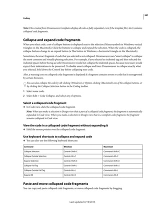 387
Coding
Last updated 2/19/2015
Note: Files created from Dreamweaver templates display all code as fully expanded, even if the template file (.dwt) contains
collapsed code fragments.
Collapse and expand code fragments
When you select code, a set of collapse buttons is displayed next to the selection (Minus symbols in Windows; vertical
triangles on the Macintosh). Click the buttons to collapse and expand the selection. When the code is collapsed, the
collapse buttons change to an expand button (a Plus button in Windows; a horizontal triangle on the Macintosh).
Sometimes, the exact fragment of code that you selected is not collapsed. Dreamweaver uses “smart collapse” to collapse
the most common and visually pleasing selection. For example, if you selected an indented tag and then selected the
indented spaces before the tag as well, Dreamweaver would not collapse the indented spaces, because most users would
expect their indentations to be preserved. To disable smart collapse and force Dreamweaver to collapse exactly what
you selected, hold down the Control key before collapsing your code.
Also, a warning icon on collapsed code fragments is displayed if a fragment contains errors or code that is unsupported
by certain browsers.
You can also collapse the code by Alt-clicking (Windows) or Option-clicking (Macintosh) one of the collapse buttons, or
by clicking the Collapse Selection button in the Coding toolbar.
1 Select some code.
2 Select Edit > Code Collapse, and select any of options.
Select a collapsed code fragment
❖ In Code view, click the collapsed code fragment.
Note: When you make a selection in Design view that is part of a collapsed code fragment, the fragment is automatically
expanded in Code view. When you make a selection in Design view that is a complete code fragment, the fragment
remains collapsed in Code view.
View the code in a collapsed code fragment without expanding it
❖ Hold the mouse pointer over the collapsed code fragment.
Use keyboard shortcuts to collapse and expand code
❖ You can also use the following keyboard shortcuts:
Paste and move collapsed code fragments
You can copy and paste collapsed code fragments, or move collapsed code fragments by dragging.
Command Windows Macintosh
Collapse Selection Control+Shift+C Command+Shift+C
Collapse Outside Selection Control+Alt+C Command+Alt+C
Expand Selection Control+Shift+E Command+Shift+E
Collapse Full Tag Control+Shift+J Command+Shift+J
Collapse Outside Full Tag Control+Alt+J Command+Alt+J
Expand All Control+Alt+E Command+Alt+E
 