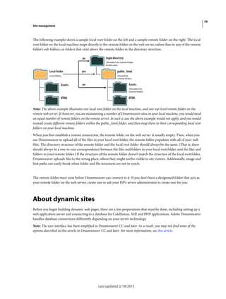74
Site management
Last updated 2/19/2015
The following example shows a sample local root folder on the left and a sample remote folder on the right. The local
root folder on the local machine maps directly to the remote folder on the web server, rather than to any of the remote
folder’s sub folders, or folders that exist above the remote folder in the directory structure.
Note: The above example illustrates one local root folder on the local machine, and one top-level remote folder on the
remote web server. If, however, you are maintaining a number of Dreamweaver sites on your local machine, you would need
an equal number of remote folders on the remote server. In such a case the above example would not apply, and you would
instead create different remote folders within the public_html folder, and then map them to their corresponding local root
folders on your local machine.
When you first establish a remote connection, the remote folder on the web server is usually empty. Then, when you
use Dreamweaver to upload all of the files in your local root folder, the remote folder populates with all of your web
files. The directory structure of the remote folder and the local root folder should always be the same. (That is, there
should always be a one-to-one correspondence between the files and folders in your local root folder, and the files and
folders in your remote folder.) If the structure of the remote folder doesn’t match the structure of the local root folder,
Dreamweaver uploads files to the wrong place, where they might not be visible to site visitors. Additionally, image and
link paths can easily break when folder and file structures are not in synch.
The remote folder must exist before Dreamweaver can connect to it. If you don’t have a designated folder that acts as
your remote folder on the web server, create one or ask your ISP’s server administrator to create one for you.
About dynamic sites
Before you begin building dynamic web pages, there are a few preparations that must be done, including setting up a
web application server and connecting to a database for Coldfusion, ASP, and PHP applications. Adobe Dreamweaver
handles database connections differently depending on your server technology.
Note: The user interface has been simplified in Dreamweaver CC and later. As a result, you may not find some of the
options described in this article in Dreamweaver CC and later. For more information, see this article.
 