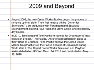 2009 and Beyond

• August 2009, the new DreamWorks Studios began the process of
  ramping up their slate. Their first release will be “Dinner for
  Schmucks,” a co-production with Paramount and Spyglass
  Entertainment, starring Paul Rudd and Steve Carell, and directed by
  Jay Roach.
• In 2010, Spielberg and Tom Hanks re-teamed for DreamWorks’ next
  television project, “The Pacific.” An unofficial companion piece to
  their “Band of Brothers,” “The Pacific” follows the United States
  Marine Corps' actions in the Pacific Theater of Operations during
  World War II. The 10-part DreamWorks Television and Playtone
  series debuted on HBO on March 14, 2010 and concluded on May
  16, 2010.
 