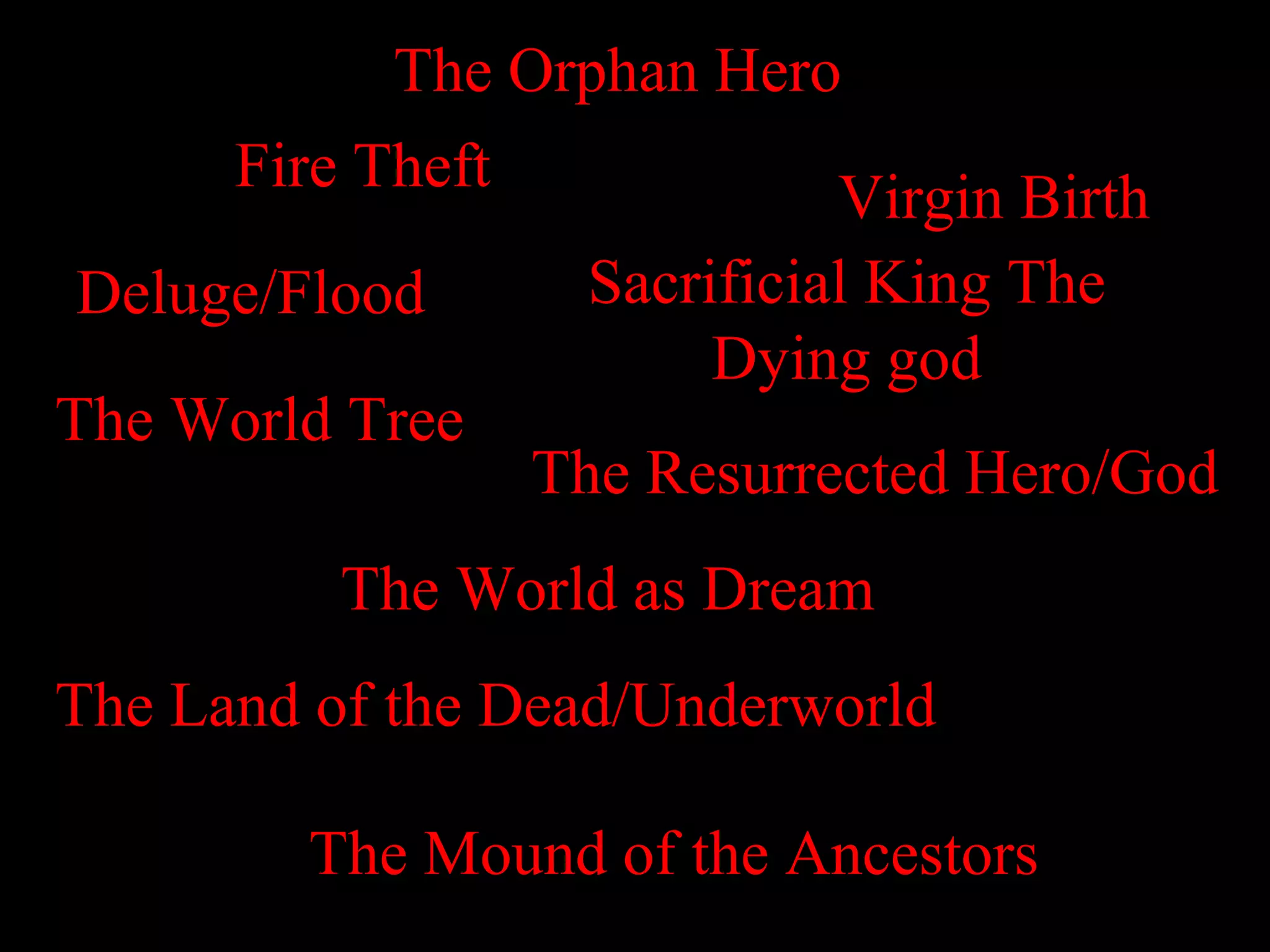 The Orphan Hero
      Fire Theft           Virgin Birth
Deluge/Flood      Sacrificial King The
                       Dying god
The World Tree
                 The Resurrected Hero/God
          The World as Dream
The Land of the Dead/Underworld

        The Mound of the Ancestors
 