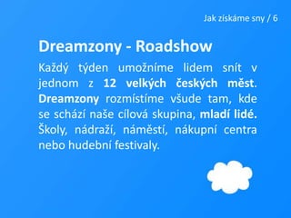 Jak získáme sny / 6Dreamzony - RoadshowKaždý týden umožníme lidem snít v jednom z 12 velkých českých měst. Dreamzony rozmístíme všude tam, kde se schází naše cílová skupina, mladí lidé. Školy, nádraží, náměstí, nákupní centra nebo hudební festivaly.