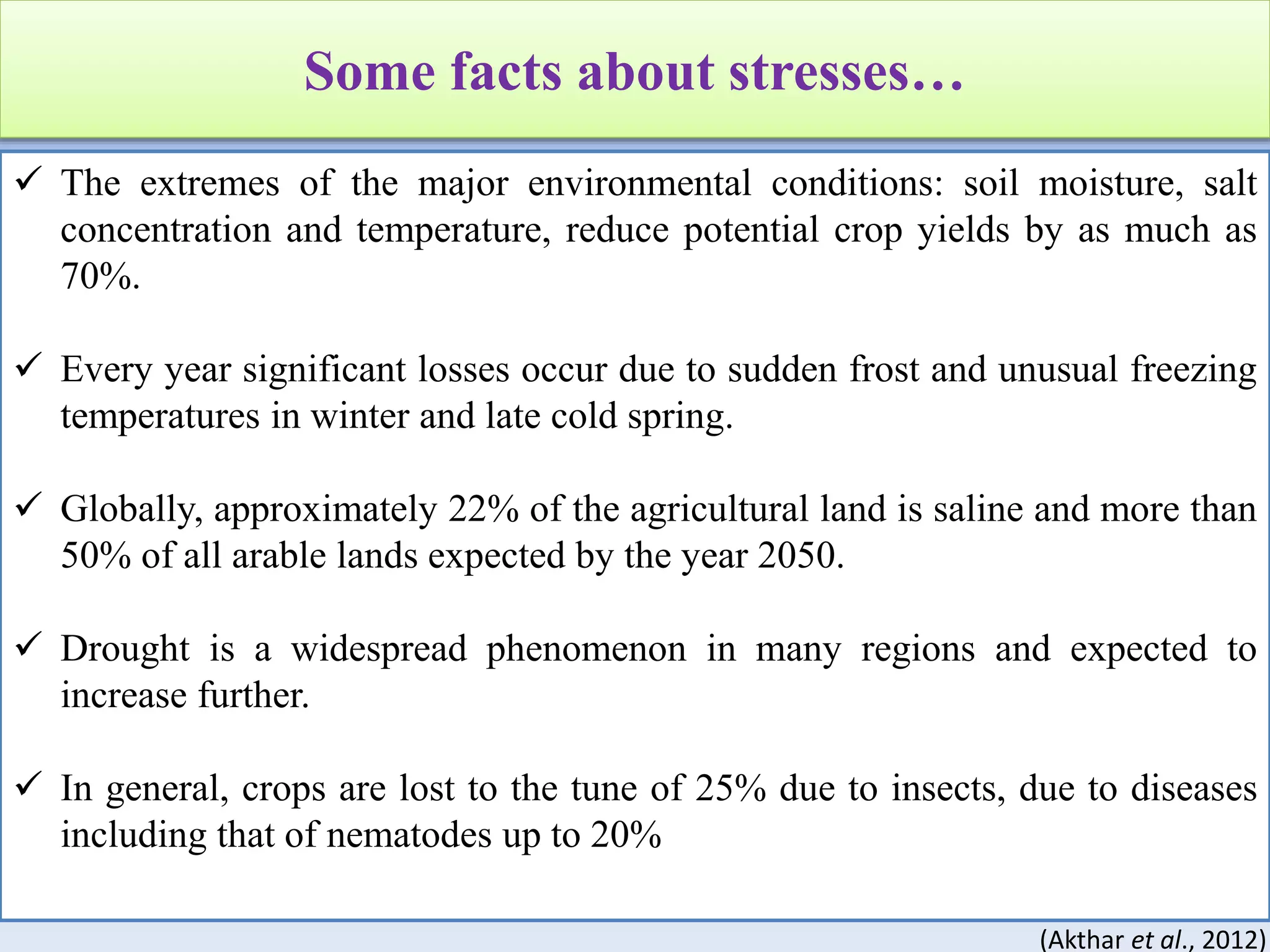 Some facts about stresses…
 The extremes of the major environmental conditions: soil moisture, salt
concentration and temperature, reduce potential crop yields by as much as
70%.
 Every year significant losses occur due to sudden frost and unusual freezing
temperatures in winter and late cold spring.
 Globally, approximately 22% of the agricultural land is saline and more than
50% of all arable lands expected by the year 2050.
 Drought is a widespread phenomenon in many regions and expected to
increase further.
 In general, crops are lost to the tune of 25% due to insects, due to diseases
including that of nematodes up to 20%
(Akthar et al., 2012)
 