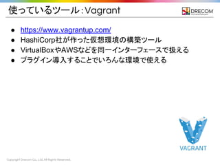 Copyright Drecom Co., Ltd. All Rights Reserved.
使っているツール：Vagrant
● https://www.vagrantup.com/
● HashiCorp社が作った仮想環境の構築ツール
● VirtualBoxやAWSなどを同一インターフェースで扱える
● プラグイン導入することでいろんな環境で使える
 