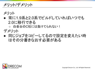 メリット/デメリット
メリット
● 常に1.9系と2.0系でビルドしていればいつでも
  2.0に移行できる
 ○ 白金台のC社には負けてられない！
デメリット
● 同じジョブをコピーしてるので設定を変えたい時
  はその分書きなおす必要がある




                      Copyright Drecom Co., Ltd. All Rights Reserved.
 