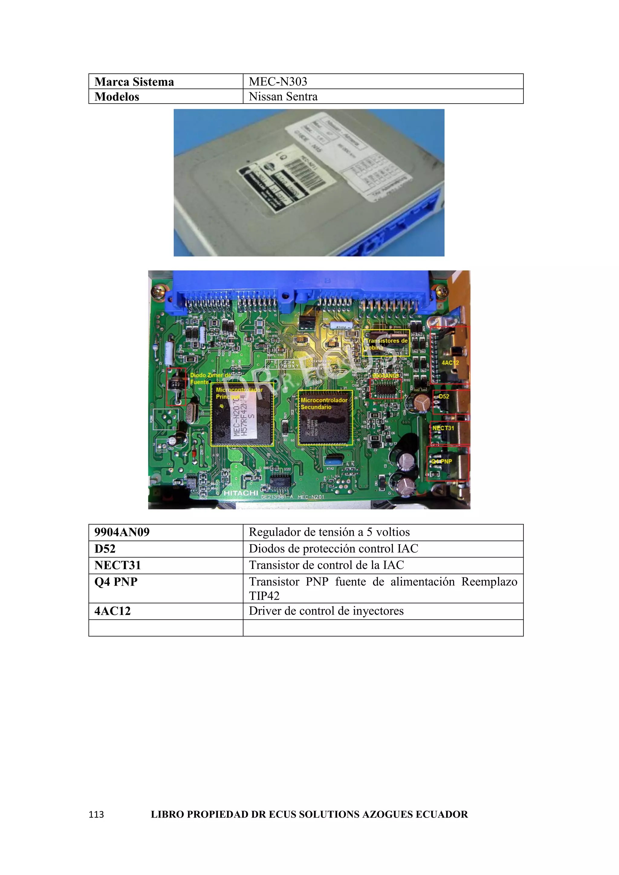113 LIBRO PROPIEDAD DR ECUS SOLUTIONS AZOGUES ECUADOR
Marca Sistema MEC-N303
Modelos Nissan Sentra
9904AN09 Regulador de tensión a 5 voltios
D52 Diodos de protección control IAC
NECT31 Transistor de control de la IAC
Q4 PNP Transistor PNP fuente de alimentación Reemplazo
TIP42
4AC12 Driver de control de inyectores
 