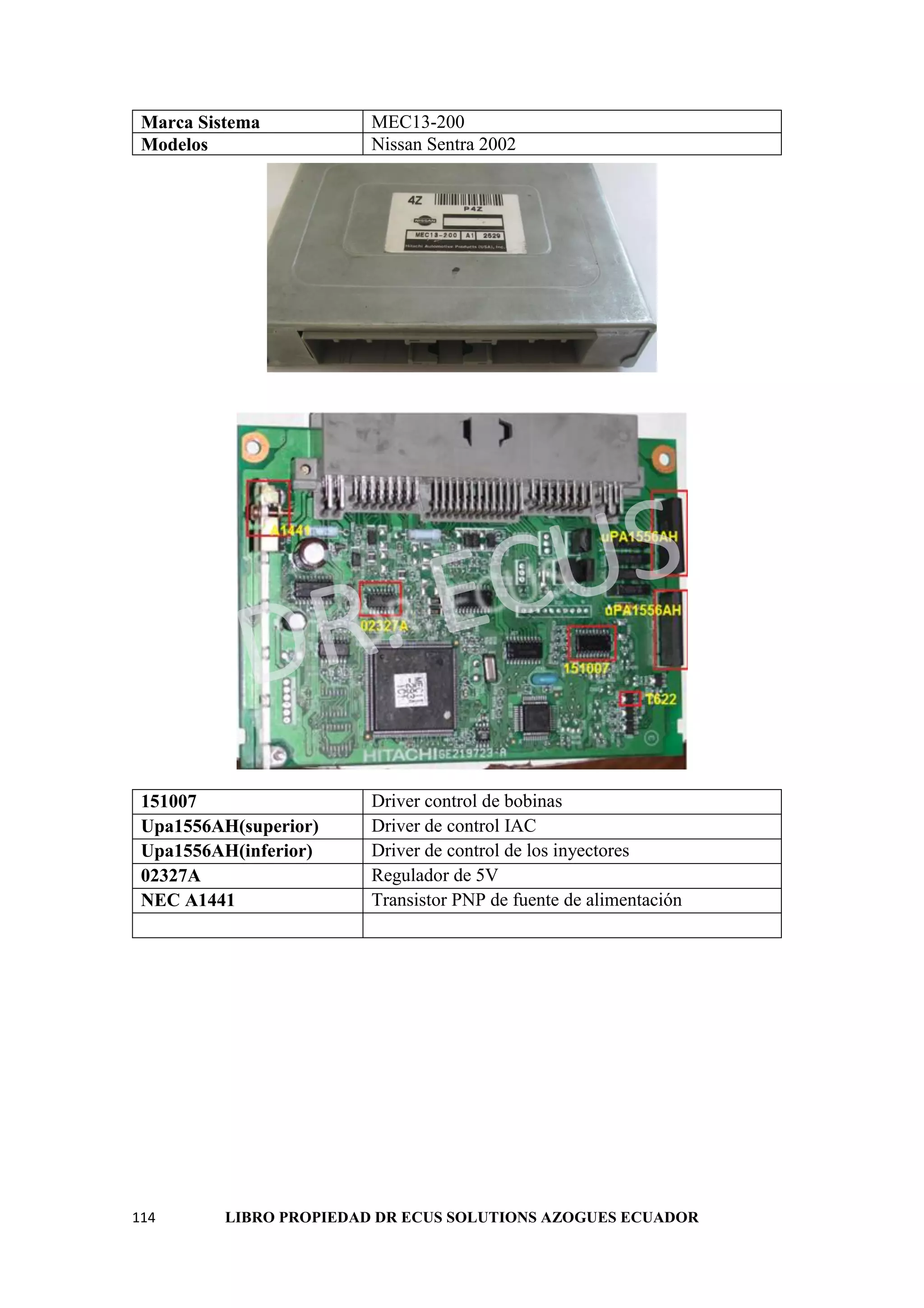 114 LIBRO PROPIEDAD DR ECUS SOLUTIONS AZOGUES ECUADOR
Marca Sistema MEC13-200
Modelos Nissan Sentra 2002
151007 Driver control de bobinas
Upa1556AH(superior) Driver de control IAC
Upa1556AH(inferior) Driver de control de los inyectores
02327A Regulador de 5V
NEC A1441 Transistor PNP de fuente de alimentación
 