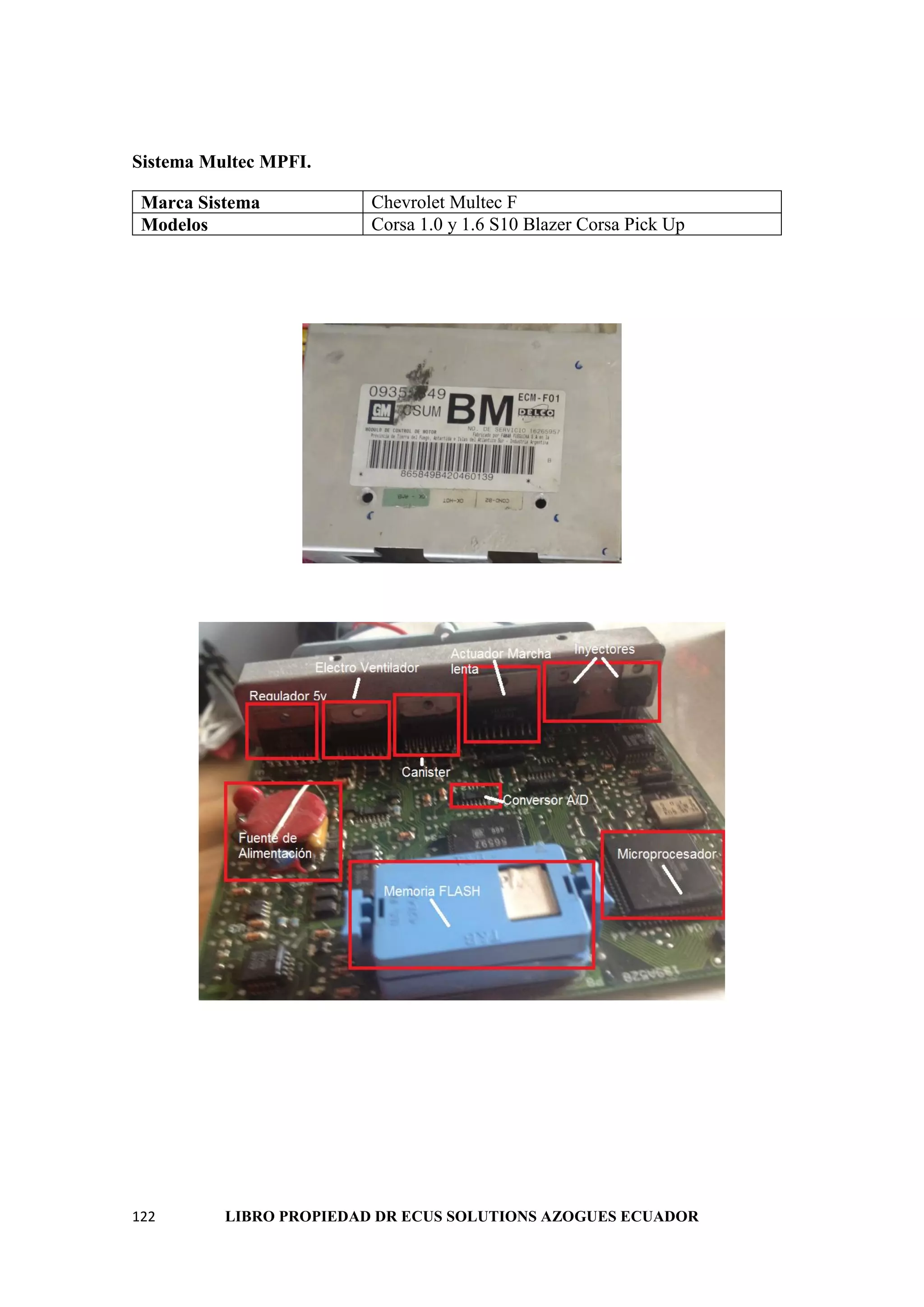 122 LIBRO PROPIEDAD DR ECUS SOLUTIONS AZOGUES ECUADOR
Sistema Multec MPFI.
Marca Sistema Chevrolet Multec F
Modelos Corsa 1.0 y 1.6 S10 Blazer Corsa Pick Up
 