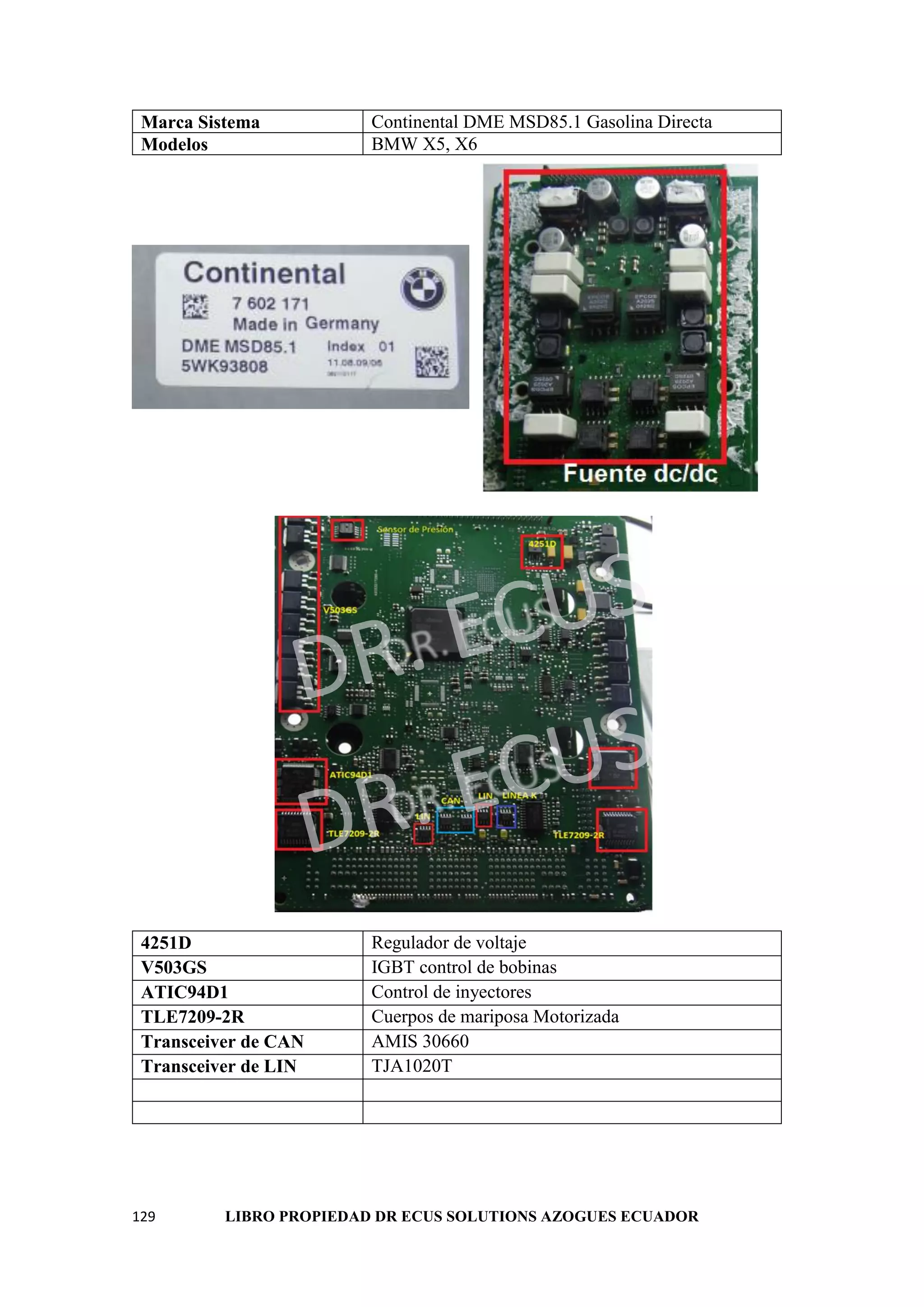 129 LIBRO PROPIEDAD DR ECUS SOLUTIONS AZOGUES ECUADOR
Marca Sistema Continental DME MSD85.1 Gasolina Directa
Modelos BMW X5, X6
4251D Regulador de voltaje
V503GS IGBT control de bobinas
ATIC94D1 Control de inyectores
TLE7209-2R Cuerpos de mariposa Motorizada
Transceiver de CAN AMIS 30660
Transceiver de LIN TJA1020T
 