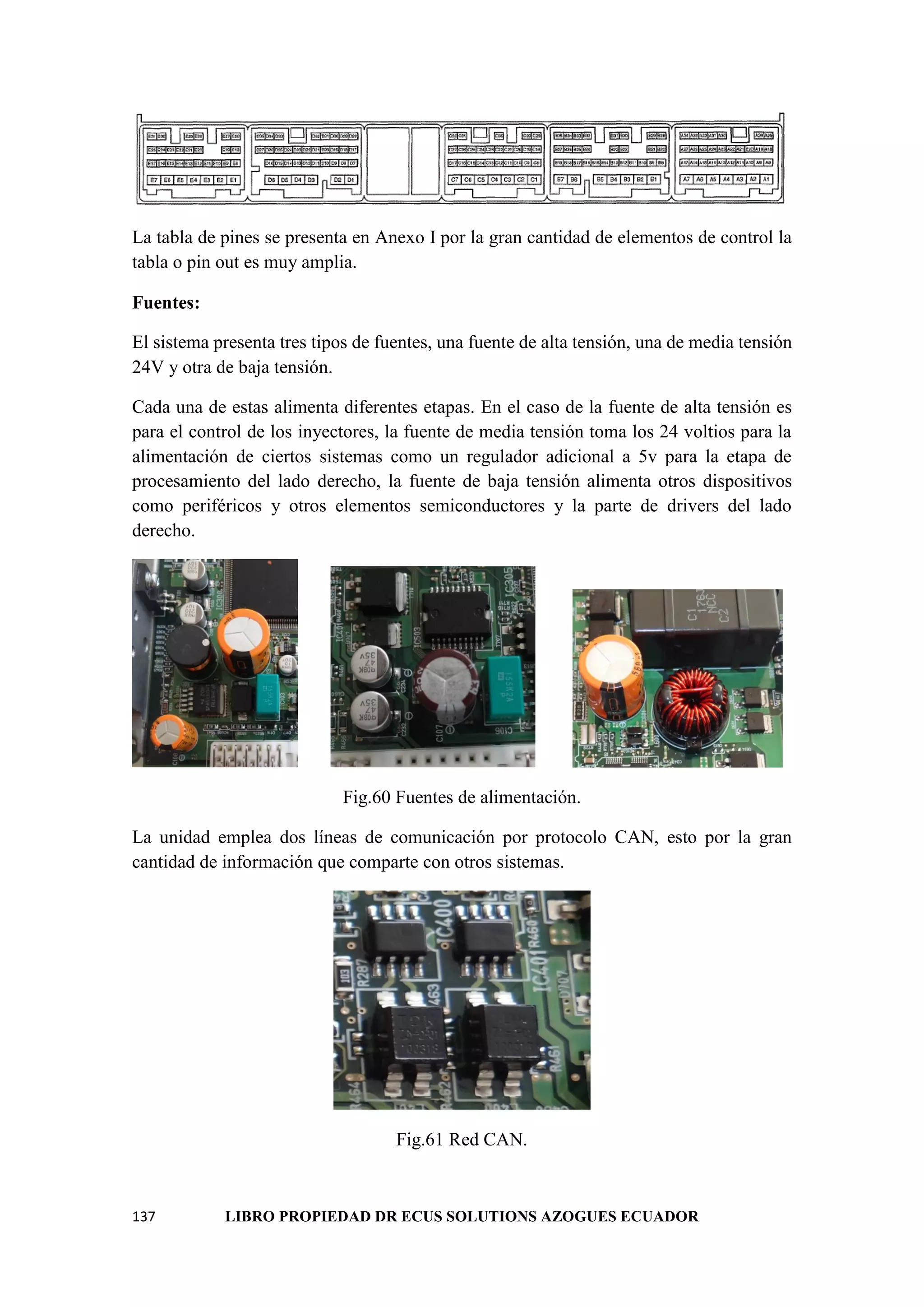 137 LIBRO PROPIEDAD DR ECUS SOLUTIONS AZOGUES ECUADOR
La tabla de pines se presenta en Anexo I por la gran cantidad de elementos de control la
tabla o pin out es muy amplia.
Fuentes:
El sistema presenta tres tipos de fuentes, una fuente de alta tensión, una de media tensión
24V y otra de baja tensión.
Cada una de estas alimenta diferentes etapas. En el caso de la fuente de alta tensión es
para el control de los inyectores, la fuente de media tensión toma los 24 voltios para la
alimentación de ciertos sistemas como un regulador adicional a 5v para la etapa de
procesamiento del lado derecho, la fuente de baja tensión alimenta otros dispositivos
como periféricos y otros elementos semiconductores y la parte de drivers del lado
derecho.
Fig.60 Fuentes de alimentación.
La unidad emplea dos líneas de comunicación por protocolo CAN, esto por la gran
cantidad de información que comparte con otros sistemas.
Fig.61 Red CAN.
 