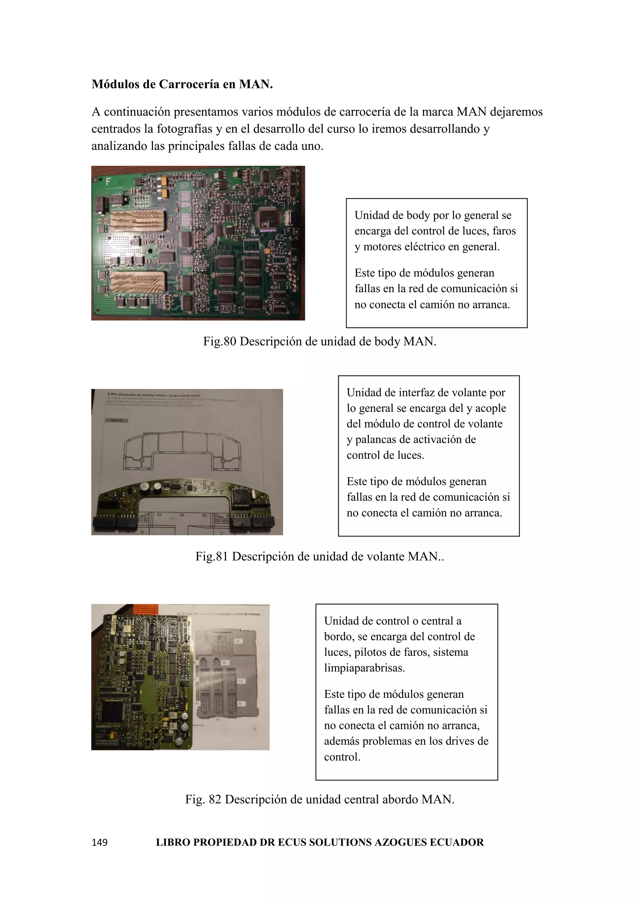 149 LIBRO PROPIEDAD DR ECUS SOLUTIONS AZOGUES ECUADOR
Módulos de Carrocería en MAN.
A continuación presentamos varios módulos de carrocería de la marca MAN dejaremos
centrados la fotografías y en el desarrollo del curso lo iremos desarrollando y
analizando las principales fallas de cada uno.
Fig.80 Descripción de unidad de body MAN.
Fig.81 Descripción de unidad de volante MAN..
Fig. 82 Descripción de unidad central abordo MAN.
Unidad de body por lo general se
encarga del control de luces, faros
y motores eléctrico en general.
Este tipo de módulos generan
fallas en la red de comunicación si
no conecta el camión no arranca.
Unidad de interfaz de volante por
lo general se encarga del y acople
del módulo de control de volante
y palancas de activación de
control de luces.
Este tipo de módulos generan
fallas en la red de comunicación si
no conecta el camión no arranca.
Unidad de control o central a
bordo, se encarga del control de
luces, pilotos de faros, sistema
limpiaparabrisas.
Este tipo de módulos generan
fallas en la red de comunicación si
no conecta el camión no arranca,
además problemas en los drives de
control.
 