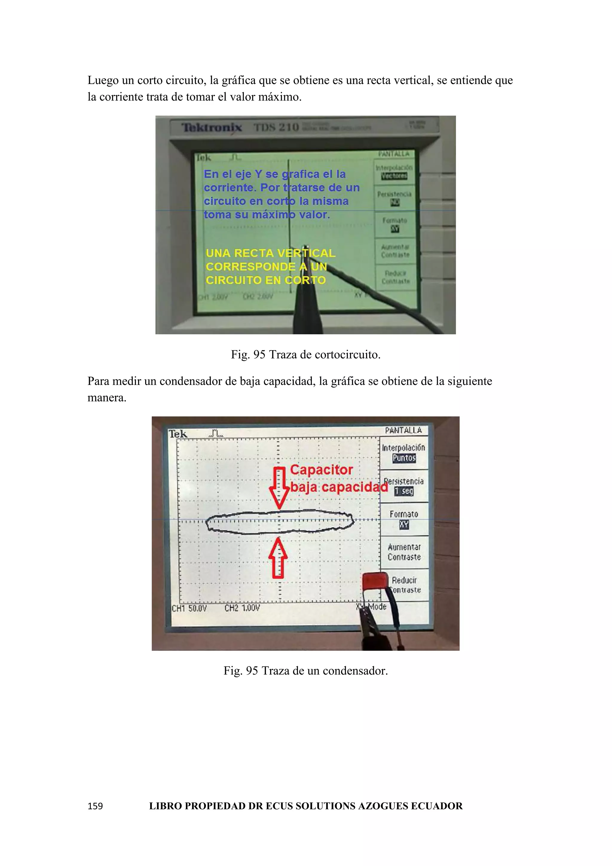 159 LIBRO PROPIEDAD DR ECUS SOLUTIONS AZOGUES ECUADOR
Luego un corto circuito, la gráfica que se obtiene es una recta vertical, se entiende que
la corriente trata de tomar el valor máximo.
Fig. 95 Traza de cortocircuito.
Para medir un condensador de baja capacidad, la gráfica se obtiene de la siguiente
manera.
Fig. 95 Traza de un condensador.
 