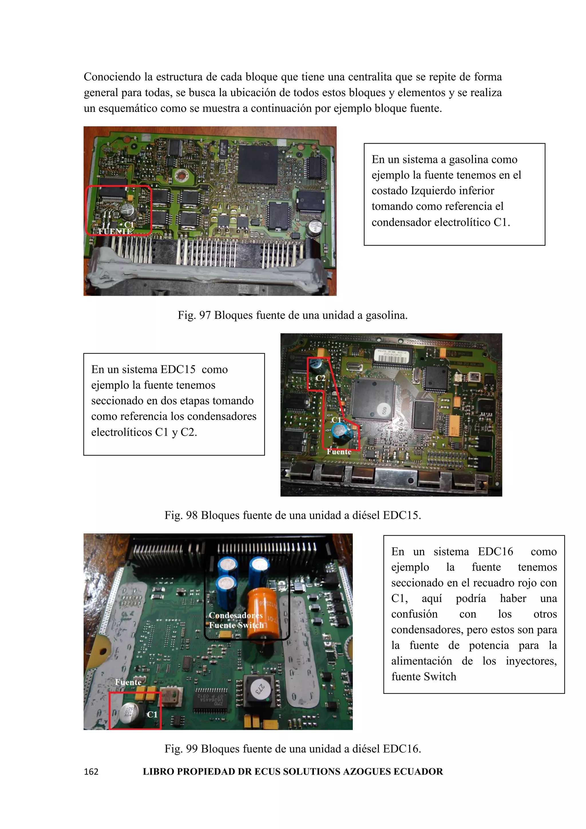 162 LIBRO PROPIEDAD DR ECUS SOLUTIONS AZOGUES ECUADOR
Conociendo la estructura de cada bloque que tiene una centralita que se repite de forma
general para todas, se busca la ubicación de todos estos bloques y elementos y se realiza
un esquemático como se muestra a continuación por ejemplo bloque fuente.
Fig. 97 Bloques fuente de una unidad a gasolina.
Fig. 98 Bloques fuente de una unidad a diésel EDC15.
Fig. 99 Bloques fuente de una unidad a diésel EDC16.
En un sistema a gasolina como
ejemplo la fuente tenemos en el
costado Izquierdo inferior
tomando como referencia el
condensador electrolítico C1.
En un sistema EDC15 como
ejemplo la fuente tenemos
seccionado en dos etapas tomando
como referencia los condensadores
electrolíticos C1 y C2.
En un sistema EDC16 como
ejemplo la fuente tenemos
seccionado en el recuadro rojo con
C1, aquí podría haber una
confusión con los otros
condensadores, pero estos son para
la fuente de potencia para la
alimentación de los inyectores,
fuente Switch
 