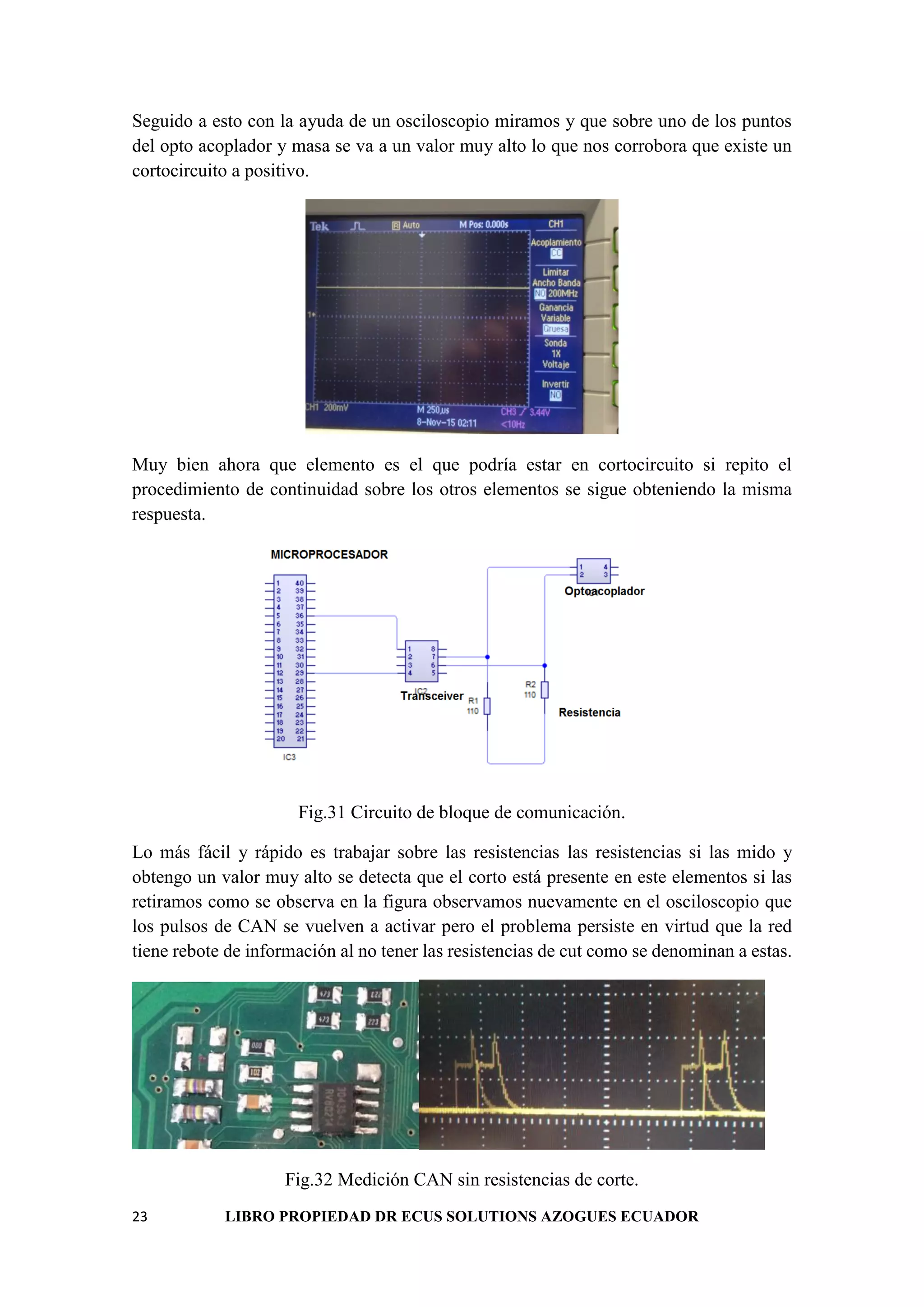 23 LIBRO PROPIEDAD DR ECUS SOLUTIONS AZOGUES ECUADOR
Seguido a esto con la ayuda de un osciloscopio miramos y que sobre uno de los puntos
del opto acoplador y masa se va a un valor muy alto lo que nos corrobora que existe un
cortocircuito a positivo.
Muy bien ahora que elemento es el que podría estar en cortocircuito si repito el
procedimiento de continuidad sobre los otros elementos se sigue obteniendo la misma
respuesta.
Fig.31 Circuito de bloque de comunicación.
Lo más fácil y rápido es trabajar sobre las resistencias las resistencias si las mido y
obtengo un valor muy alto se detecta que el corto está presente en este elementos si las
retiramos como se observa en la figura observamos nuevamente en el osciloscopio que
los pulsos de CAN se vuelven a activar pero el problema persiste en virtud que la red
tiene rebote de información al no tener las resistencias de cut como se denominan a estas.
Fig.32 Medición CAN sin resistencias de corte.
 