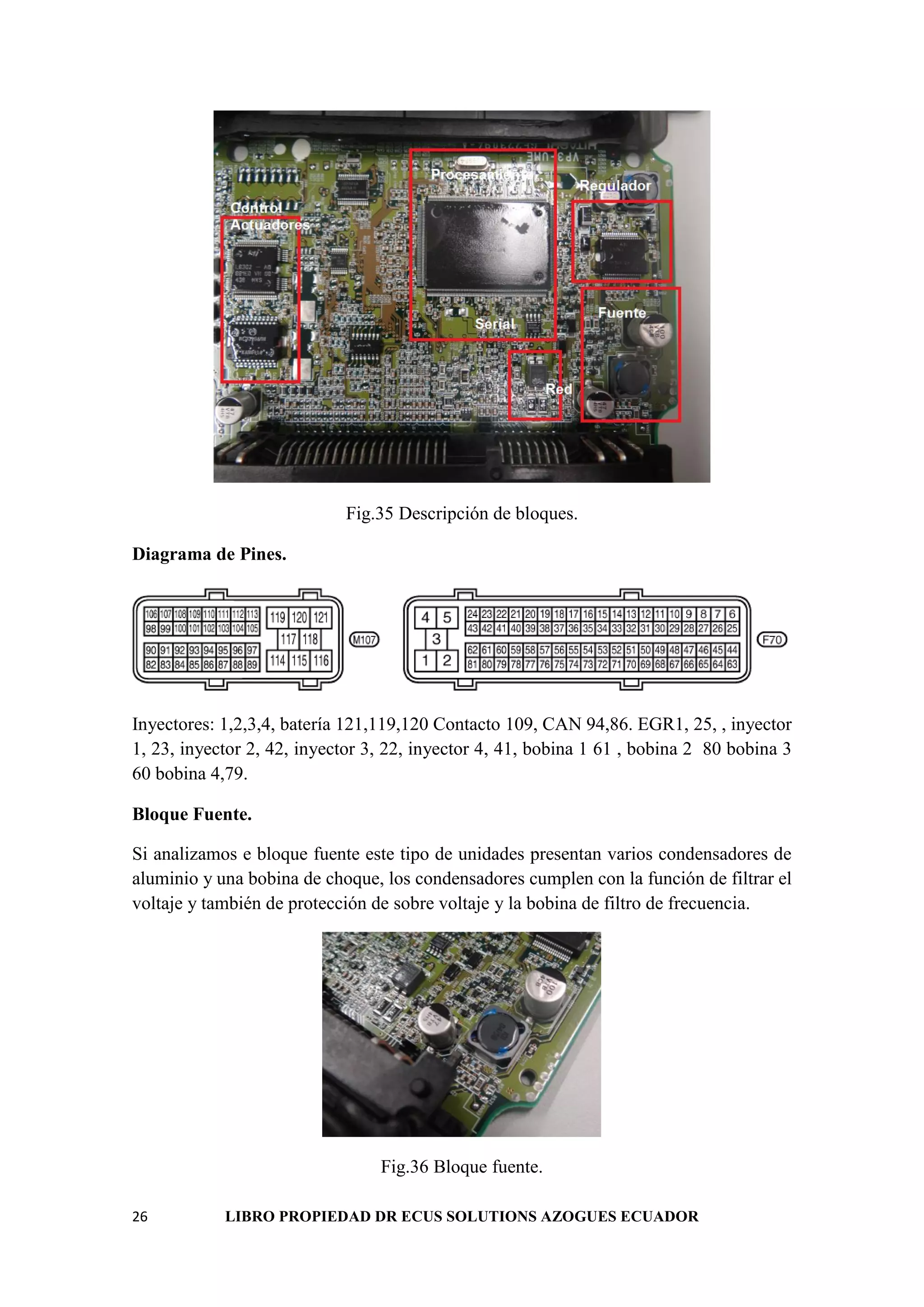 26 LIBRO PROPIEDAD DR ECUS SOLUTIONS AZOGUES ECUADOR
Fig.35 Descripción de bloques.
Diagrama de Pines.
Inyectores: 1,2,3,4, batería 121,119,120 Contacto 109, CAN 94,86. EGR1, 25, , inyector
1, 23, inyector 2, 42, inyector 3, 22, inyector 4, 41, bobina 1 61 , bobina 2 80 bobina 3
60 bobina 4,79.
Bloque Fuente.
Si analizamos e bloque fuente este tipo de unidades presentan varios condensadores de
aluminio y una bobina de choque, los condensadores cumplen con la función de filtrar el
voltaje y también de protección de sobre voltaje y la bobina de filtro de frecuencia.
Fig.36 Bloque fuente.
 
