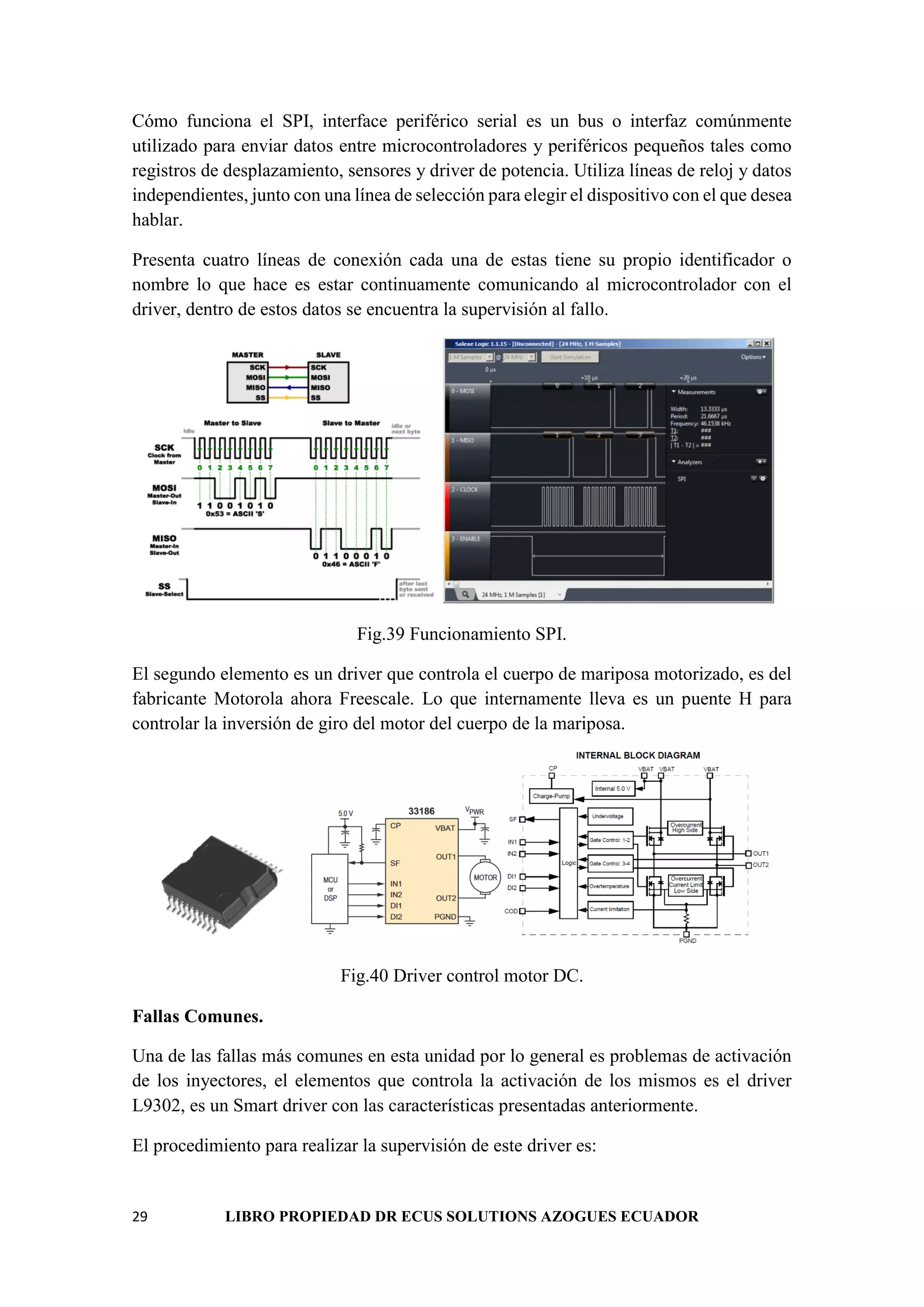 29 LIBRO PROPIEDAD DR ECUS SOLUTIONS AZOGUES ECUADOR
Cómo funciona el SPI, interface periférico serial es un bus o interfaz comúnmente
utilizado para enviar datos entre microcontroladores y periféricos pequeños tales como
registros de desplazamiento, sensores y driver de potencia. Utiliza líneas de reloj y datos
independientes, junto con una línea de selección para elegir el dispositivo con el que desea
hablar.
Presenta cuatro líneas de conexión cada una de estas tiene su propio identificador o
nombre lo que hace es estar continuamente comunicando al microcontrolador con el
driver, dentro de estos datos se encuentra la supervisión al fallo.
Fig.39 Funcionamiento SPI.
El segundo elemento es un driver que controla el cuerpo de mariposa motorizado, es del
fabricante Motorola ahora Freescale. Lo que internamente lleva es un puente H para
controlar la inversión de giro del motor del cuerpo de la mariposa.
Fig.40 Driver control motor DC.
Fallas Comunes.
Una de las fallas más comunes en esta unidad por lo general es problemas de activación
de los inyectores, el elementos que controla la activación de los mismos es el driver
L9302, es un Smart driver con las características presentadas anteriormente.
El procedimiento para realizar la supervisión de este driver es:
 