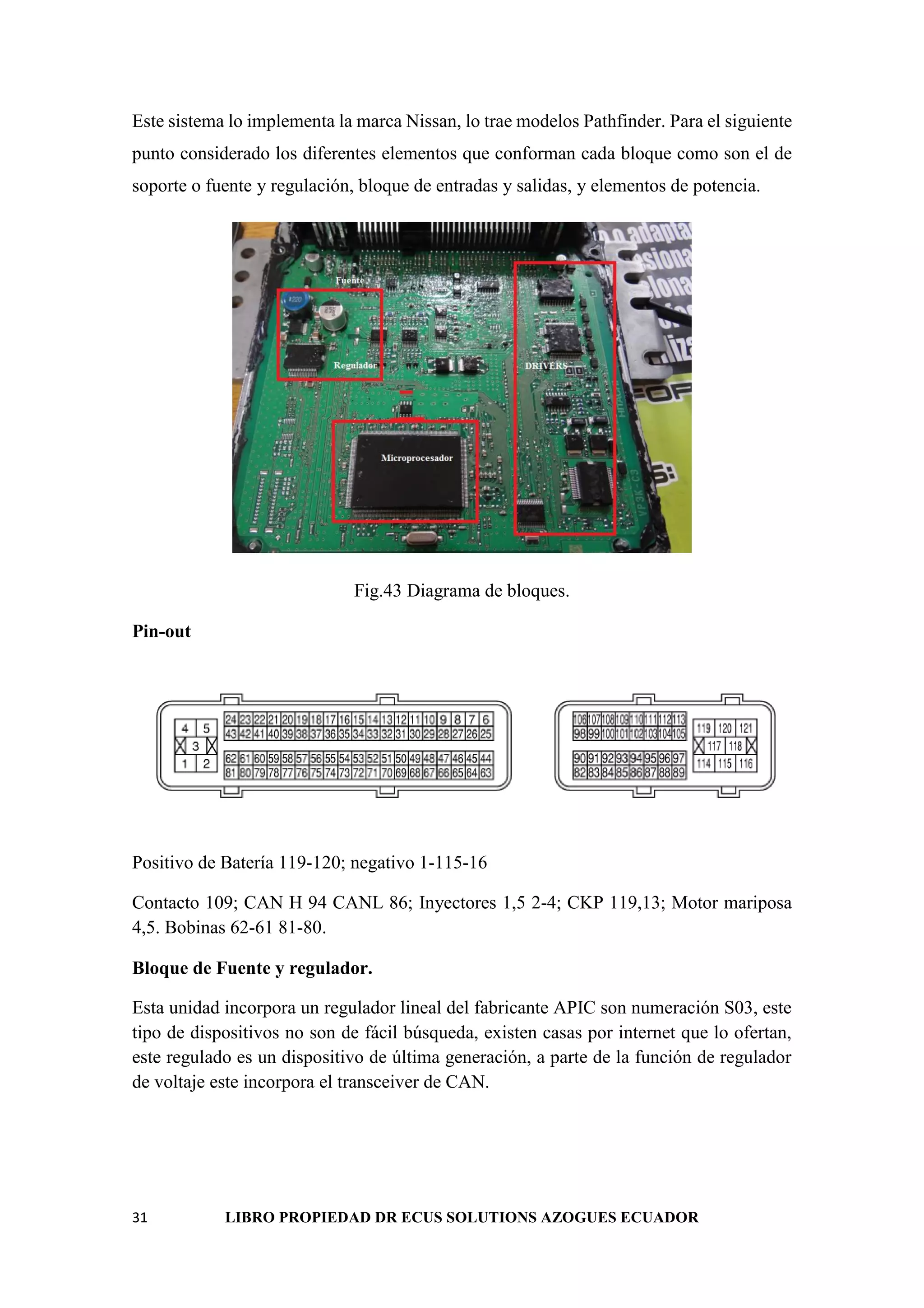 31 LIBRO PROPIEDAD DR ECUS SOLUTIONS AZOGUES ECUADOR
Este sistema lo implementa la marca Nissan, lo trae modelos Pathfinder. Para el siguiente
punto considerado los diferentes elementos que conforman cada bloque como son el de
soporte o fuente y regulación, bloque de entradas y salidas, y elementos de potencia.
Fig.43 Diagrama de bloques.
Pin-out
Positivo de Batería 119-120; negativo 1-115-16
Contacto 109; CAN H 94 CANL 86; Inyectores 1,5 2-4; CKP 119,13; Motor mariposa
4,5. Bobinas 62-61 81-80.
Bloque de Fuente y regulador.
Esta unidad incorpora un regulador lineal del fabricante APIC son numeración S03, este
tipo de dispositivos no son de fácil búsqueda, existen casas por internet que lo ofertan,
este regulado es un dispositivo de última generación, a parte de la función de regulador
de voltaje este incorpora el transceiver de CAN.
 