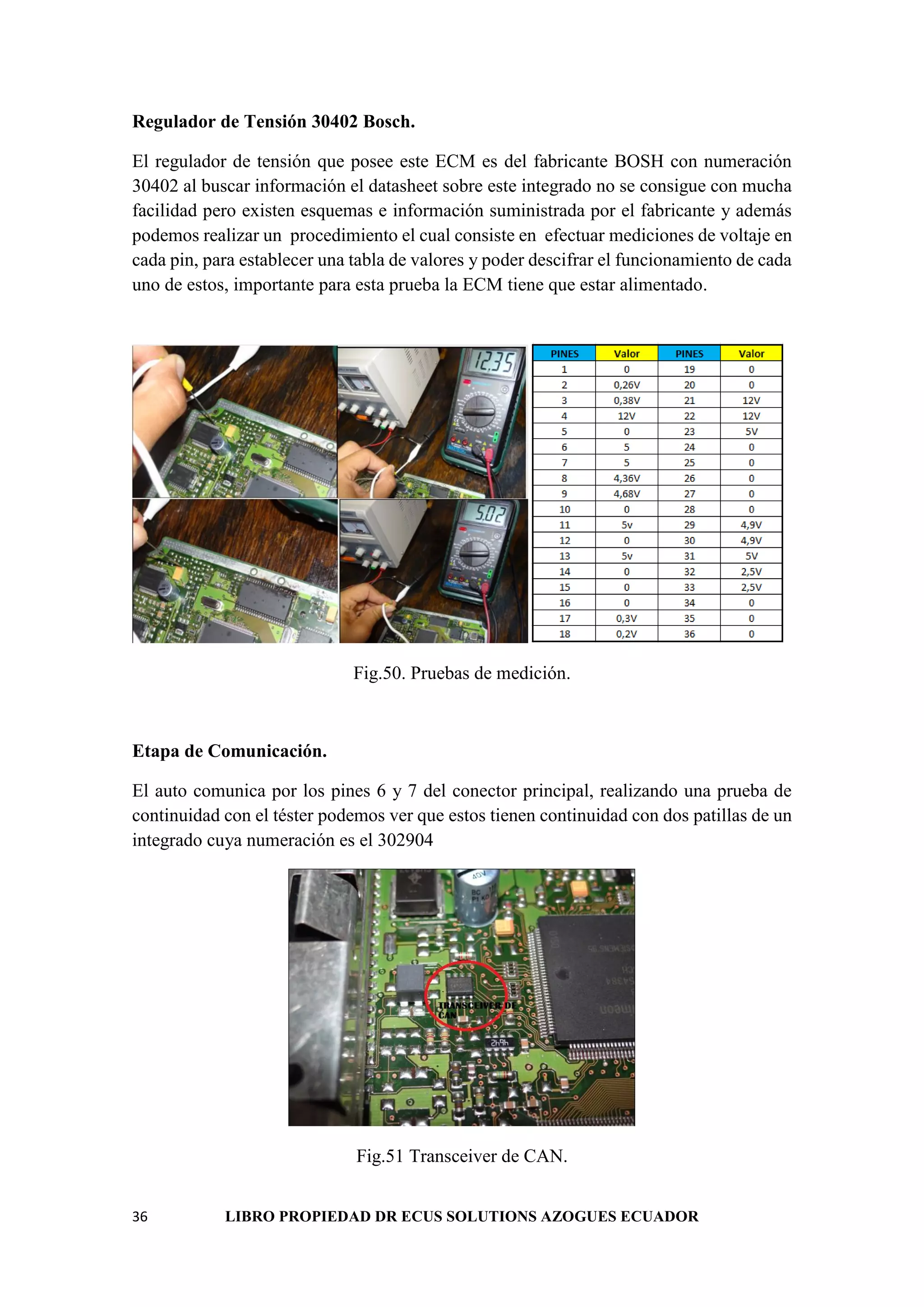 36 LIBRO PROPIEDAD DR ECUS SOLUTIONS AZOGUES ECUADOR
Regulador de Tensión 30402 Bosch.
El regulador de tensión que posee este ECM es del fabricante BOSH con numeración
30402 al buscar información el datasheet sobre este integrado no se consigue con mucha
facilidad pero existen esquemas e información suministrada por el fabricante y además
podemos realizar un procedimiento el cual consiste en efectuar mediciones de voltaje en
cada pin, para establecer una tabla de valores y poder descifrar el funcionamiento de cada
uno de estos, importante para esta prueba la ECM tiene que estar alimentado.
Fig.50. Pruebas de medición.
Etapa de Comunicación.
El auto comunica por los pines 6 y 7 del conector principal, realizando una prueba de
continuidad con el téster podemos ver que estos tienen continuidad con dos patillas de un
integrado cuya numeración es el 302904
Fig.51 Transceiver de CAN.
 