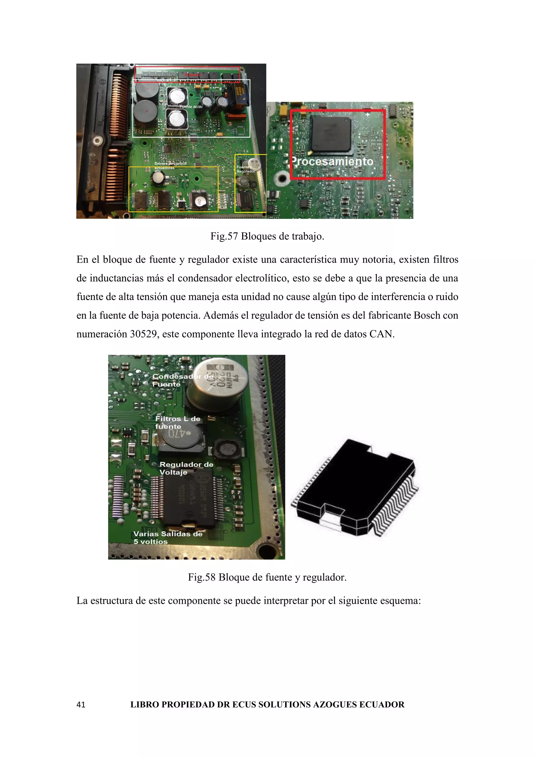 41 LIBRO PROPIEDAD DR ECUS SOLUTIONS AZOGUES ECUADOR
Fig.57 Bloques de trabajo.
En el bloque de fuente y regulador existe una característica muy notoria, existen filtros
de inductancias más el condensador electrolítico, esto se debe a que la presencia de una
fuente de alta tensión que maneja esta unidad no cause algún tipo de interferencia o ruido
en la fuente de baja potencia. Además el regulador de tensión es del fabricante Bosch con
numeración 30529, este componente lleva integrado la red de datos CAN.
Fig.58 Bloque de fuente y regulador.
La estructura de este componente se puede interpretar por el siguiente esquema:
 