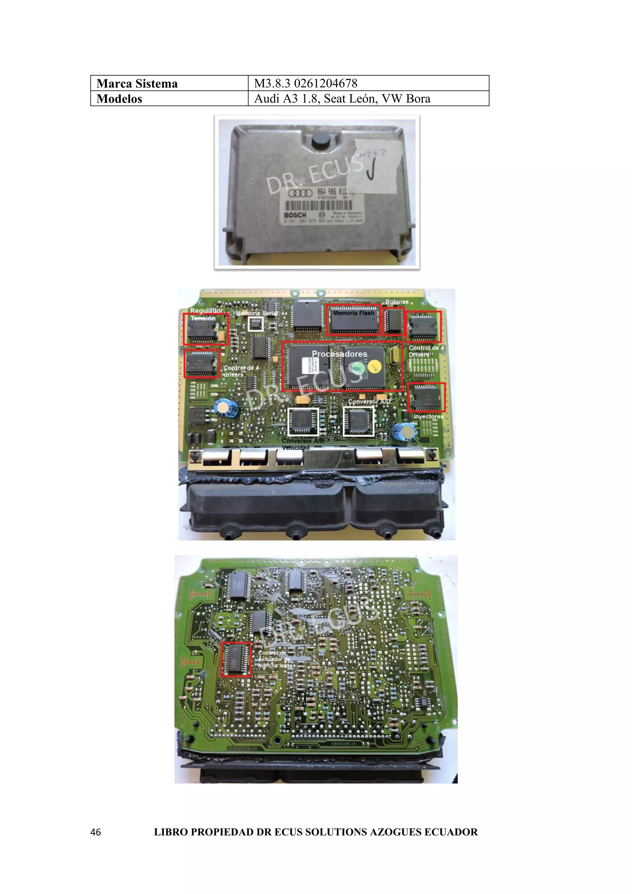 46 LIBRO PROPIEDAD DR ECUS SOLUTIONS AZOGUES ECUADOR
Marca Sistema M3.8.3 0261204678
Modelos Audi A3 1.8, Seat León, VW Bora
 