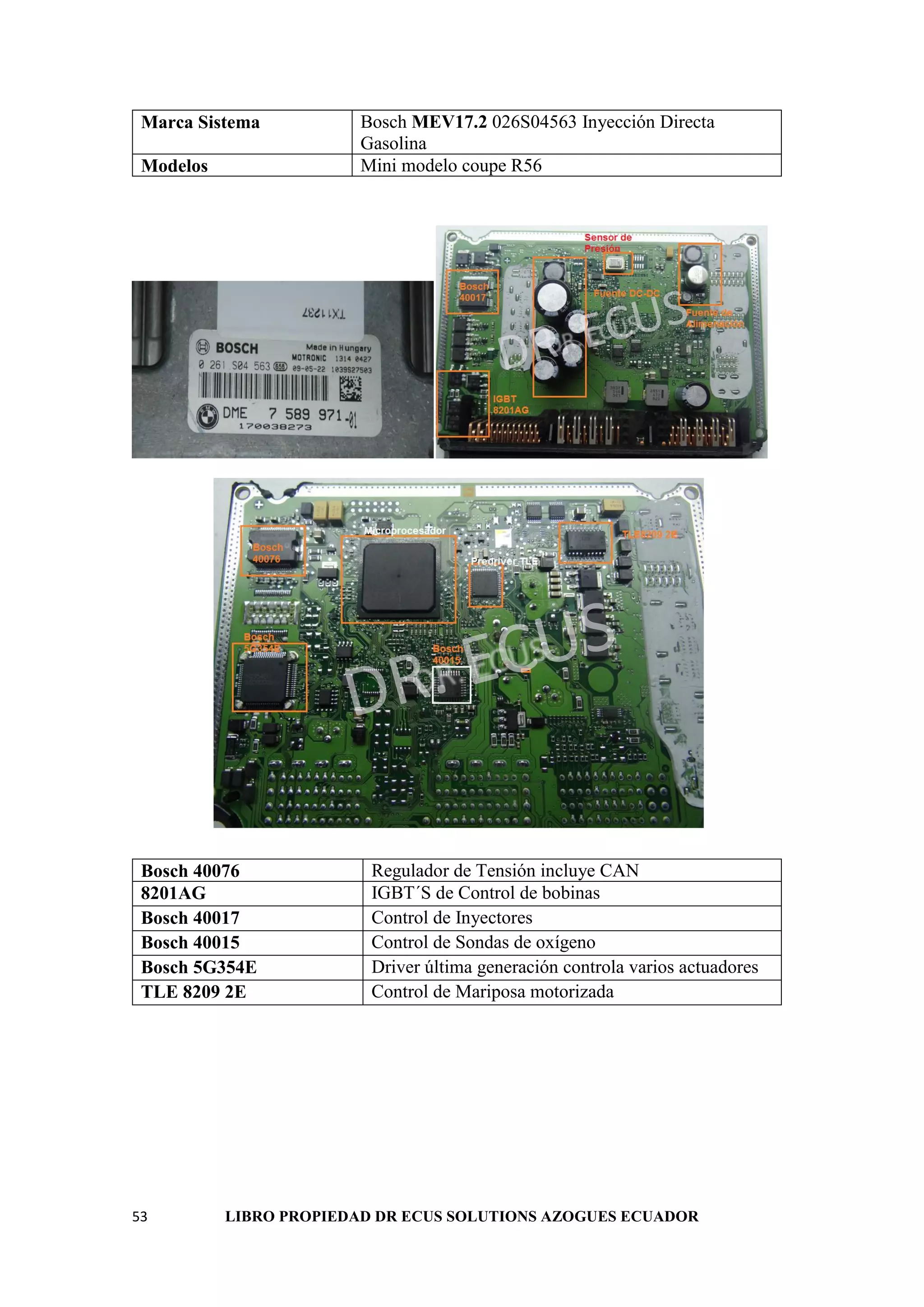 53 LIBRO PROPIEDAD DR ECUS SOLUTIONS AZOGUES ECUADOR
Marca Sistema Bosch MEV17.2 026S04563 Inyección Directa
Gasolina
Modelos Mini modelo coupe R56
Bosch 40076 Regulador de Tensión incluye CAN
8201AG IGBT´S de Control de bobinas
Bosch 40017 Control de Inyectores
Bosch 40015 Control de Sondas de oxígeno
Bosch 5G354E Driver última generación controla varios actuadores
TLE 8209 2E Control de Mariposa motorizada
 