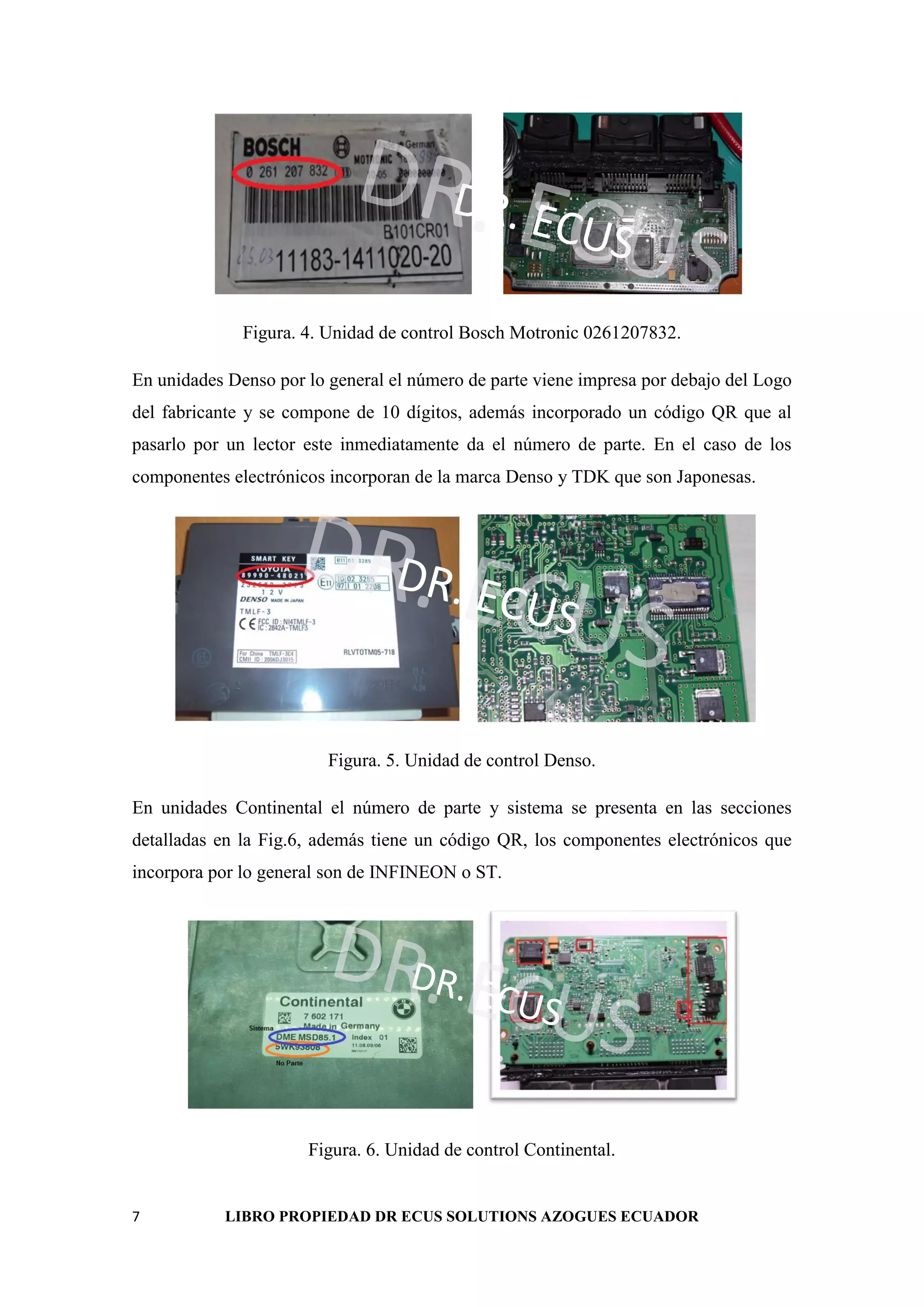 7 LIBRO PROPIEDAD DR ECUS SOLUTIONS AZOGUES ECUADOR
DR. ECUS
DR. ECUS
Figura. 4. Unidad de control Bosch Motronic 0261207832.
En unidades Denso por lo general el número de parte viene impresa por debajo del Logo
del fabricante y se compone de 10 dígitos, además incorporado un código QR que al
pasarlo por un lector este inmediatamente da el número de parte. En el caso de los
componentes electrónicos incorporan de la marca Denso y TDK que son Japonesas.
DR. ECUS
DR. ECUS
Figura. 5. Unidad de control Denso.
En unidades Continental el número de parte y sistema se presenta en las secciones
detalladas en la Fig.6, además tiene un código QR, los componentes electrónicos que
incorpora por lo general son de INFINEON o ST.
DR. ECUS
DR. ECUS
Figura. 6. Unidad de control Continental.
 