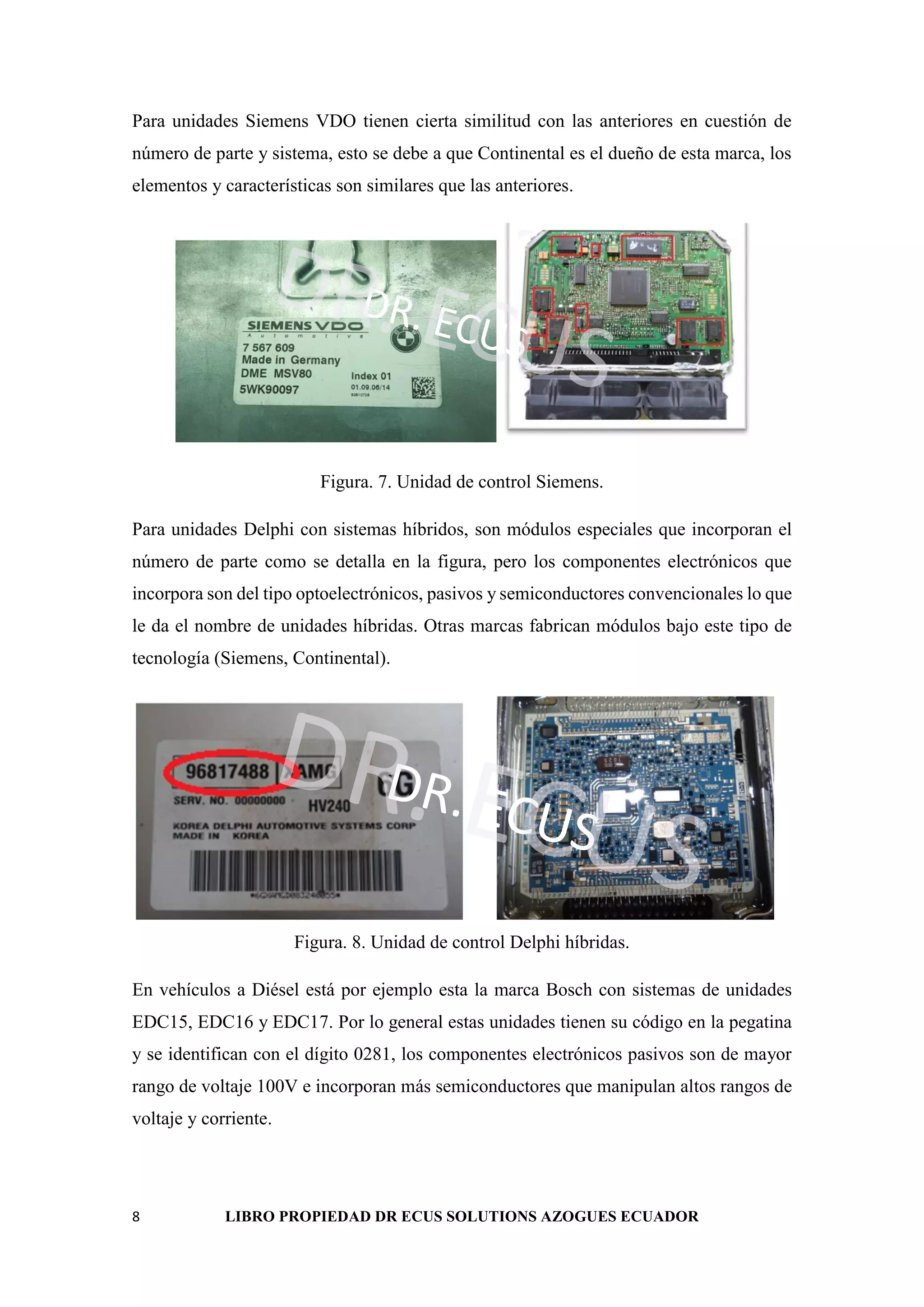 8 LIBRO PROPIEDAD DR ECUS SOLUTIONS AZOGUES ECUADOR
Para unidades Siemens VDO tienen cierta similitud con las anteriores en cuestión de
número de parte y sistema, esto se debe a que Continental es el dueño de esta marca, los
elementos y características son similares que las anteriores.
DR. ECUS
DR. ECUS
Figura. 7. Unidad de control Siemens.
Para unidades Delphi con sistemas híbridos, son módulos especiales que incorporan el
número de parte como se detalla en la figura, pero los componentes electrónicos que
incorpora son del tipo optoelectrónicos, pasivos y semiconductores convencionales lo que
le da el nombre de unidades híbridas. Otras marcas fabrican módulos bajo este tipo de
tecnología (Siemens, Continental).
DR. ECUS
DR. ECUS
Figura. 8. Unidad de control Delphi híbridas.
En vehículos a Diésel está por ejemplo esta la marca Bosch con sistemas de unidades
EDC15, EDC16 y EDC17. Por lo general estas unidades tienen su código en la pegatina
y se identifican con el dígito 0281, los componentes electrónicos pasivos son de mayor
rango de voltaje 100V e incorporan más semiconductores que manipulan altos rangos de
voltaje y corriente.
 