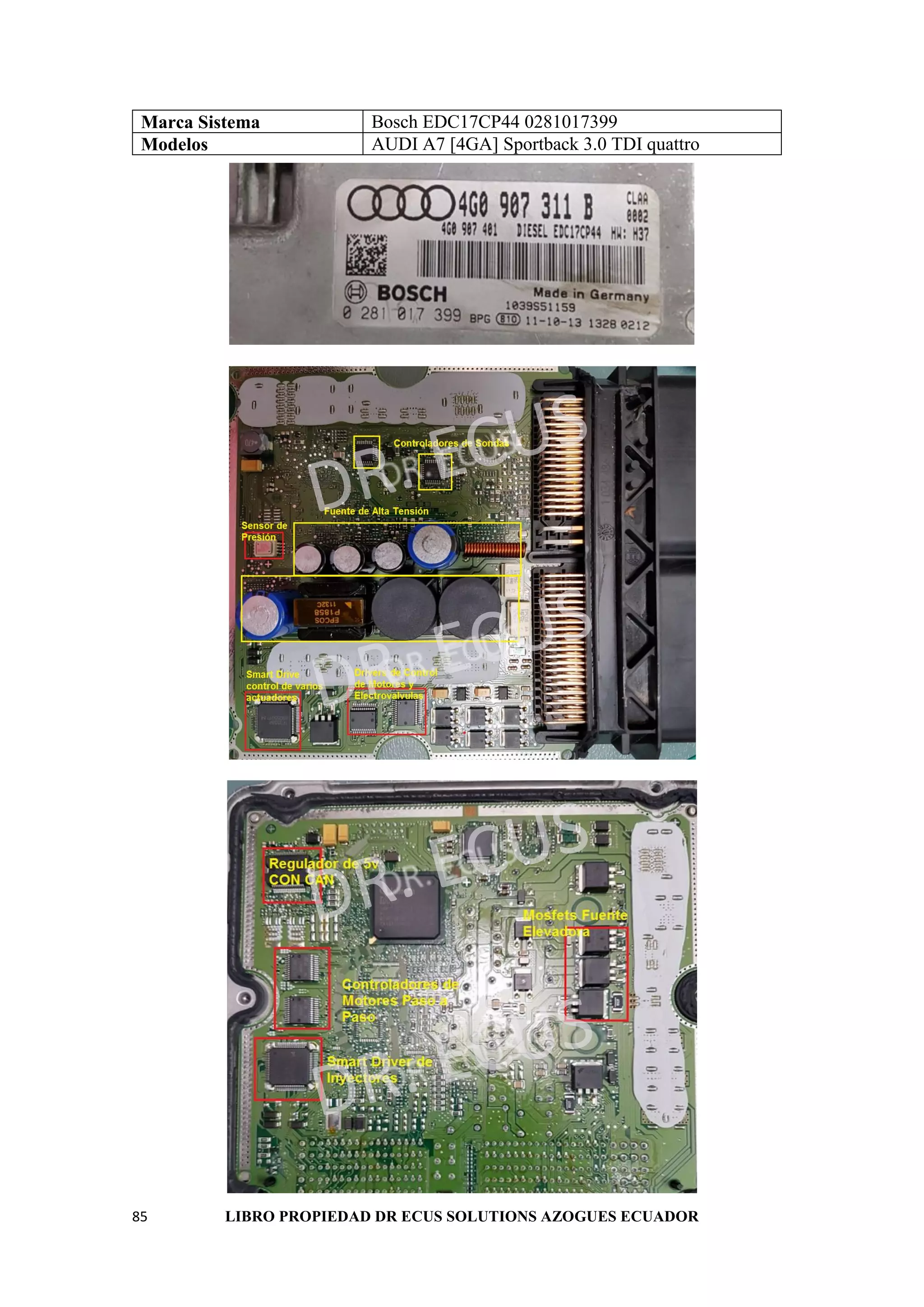 85 LIBRO PROPIEDAD DR ECUS SOLUTIONS AZOGUES ECUADOR
Marca Sistema Bosch EDC17CP44 0281017399
Modelos AUDI A7 [4GA] Sportback 3.0 TDI quattro
 