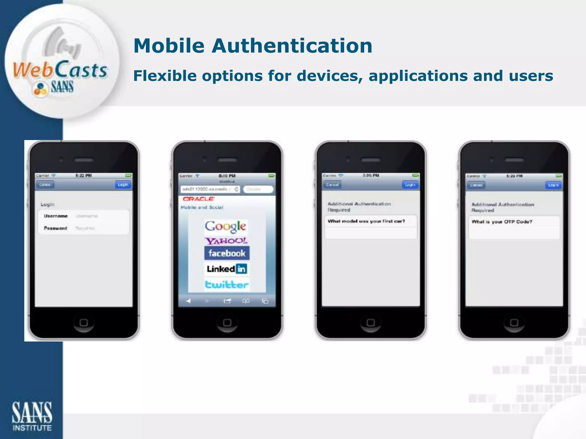 Mobile Authentication
Flexible options for devices, applications and users
 