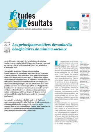 Au 31 décembre 2013, 14 % des bénéficiaires de minima
sociaux ont un emploi salarié. Parmi eux, deux sur cinq sont
en cont...