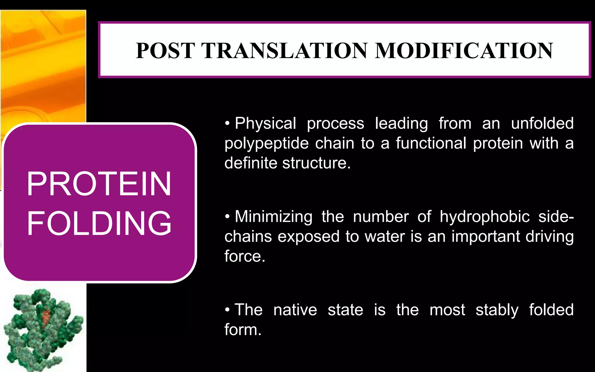 PROTEIN
FOLDING
• Physical process leading from an unfolded
polypeptide chain to a functional protein with a
definite structure.
• Minimizing the number of hydrophobic side-
chains exposed to water is an important driving
force.
• The native state is the most stably folded
form.
POST TRANSLATION MODIFICATION
 
