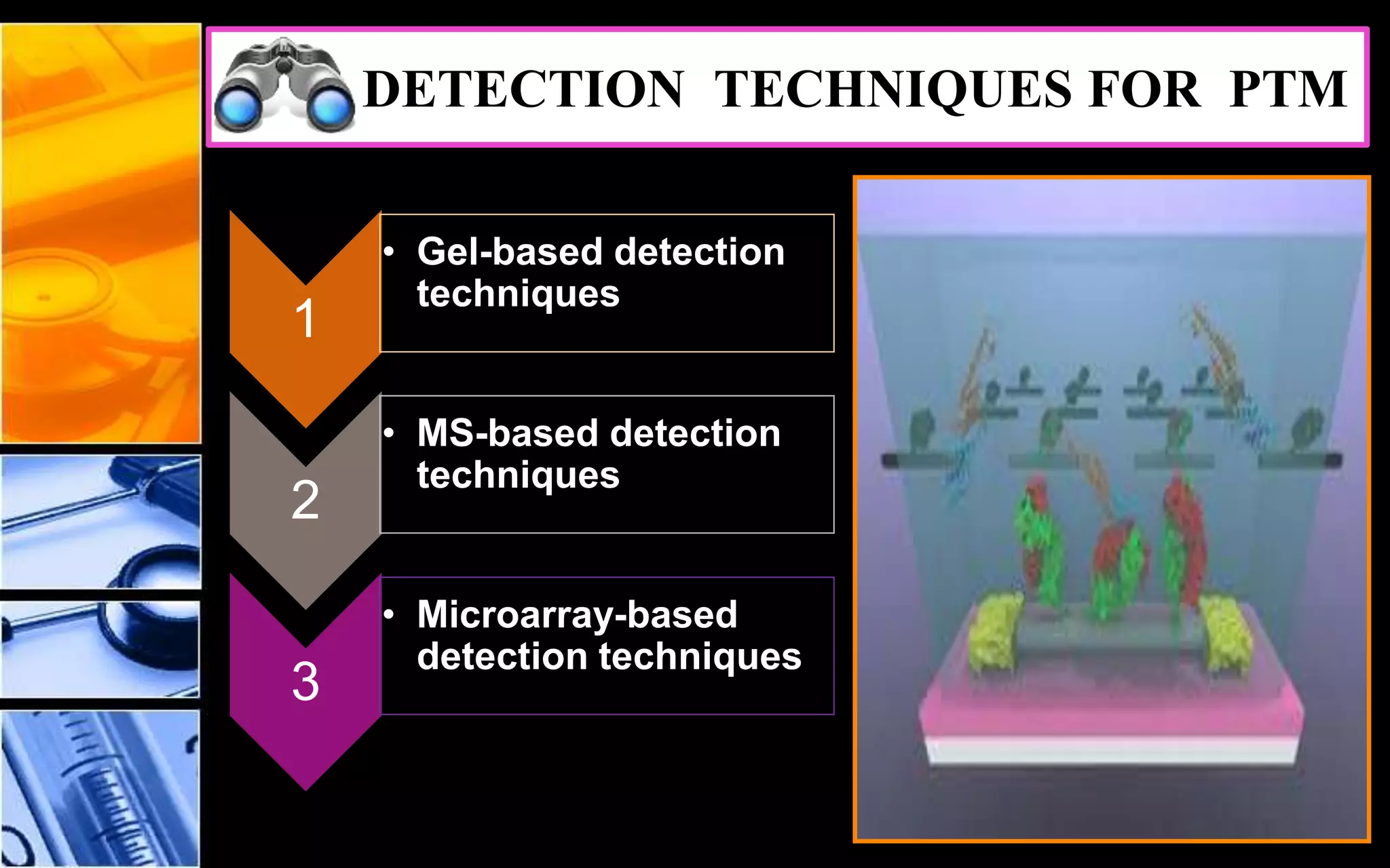 DETECTION TECHNIQUES FOR PTM
1
• Gel-based detection
techniques
2
• MS-based detection
techniques
3
• Microarray-based
detection techniques
 