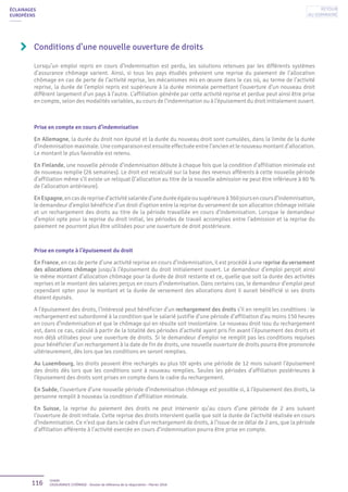 116 Unédic
L’ASSURANCE CHÔMAGE - Dossier de référence de la négociation - Février 2016
ÉCLAIRAGES
EUROPÉENS
Conditions d’une nouvelle ouverture de droits
Prise en compte en cours d’indemnisation
En Allemagne, la durée du droit non épuisé et la durée du nouveau droit sont cumulées, dans la limite de la durée
d’indemnisation maximale. Une comparaison est ensuite effectuée entre l’ancien et le nouveau montant d’allocation.
Le montant le plus favorable est retenu.
En Finlande, une nouvelle période d’indemnisation débute à chaque fois que la condition d’affiliation minimale est
de nouveau remplie (26 semaines). Le droit est recalculé sur la base des revenus afférents à cette nouvelle période
d’affiliation même s’il existe un reliquat (l’allocation au titre de la nouvelle admission ne peut être inférieure à 80 %
de l’allocation antérieure).
EnEspagne,encasdereprised’activitésalariéed’uneduréeégaleousupérieureà360joursencoursd’indemnisation,
le demandeur d’emploi bénéficie d’un droit d’option entre la reprise du versement de son allocation chômage initiale
et un rechargement des droits au titre de la période travaillée en cours d’indemnisation. Lorsque le demandeur
d’emploi opte pour la reprise du droit initial, les périodes de travail accomplies entre l’admission et la reprise du
paiement ne pourront plus être utilisées pour une ouverture de droit postérieure.
Lorsqu’un emploi repris en cours d’indemnisation est perdu, les solutions retenues par les différents systèmes
d’assurance chômage varient. Ainsi, si tous les pays étudiés prévoient une reprise du paiement de l’allocation
chômage en cas de perte de l’activité reprise, les mécanismes mis en œuvre dans le cas où, au terme de l’activité
reprise, la durée de l’emploi repris est supérieure à la durée minimale permettant l’ouverture d’un nouveau droit
diffèrent largement d’un pays à l’autre. L’affiliation générée par cette activité reprise et perdue peut ainsi être prise
en compte, selon des modalités variables, au cours de l’indemnisation ou à l’épuisement du droit initialement ouvert.
Prise en compte à l’épuisement du droit
En France, en cas de perte d’une activité reprise en cours d’indemnisation, il est procédé à une reprise du versement
des allocations chômage jusqu’à l’épuisement du droit initialement ouvert. Le demandeur d’emploi perçoit ainsi
le même montant d’allocation chômage pour la durée de droit restante et ce, quelle que soit la durée des activités
reprises et le montant des salaires perçus en cours d’indemnisation. Dans certains cas, le demandeur d’emploi peut
cependant opter pour le montant et la durée de versement des allocations dont il aurait bénéficié si ses droits
étaient épuisés.
A l’épuisement des droits, l’intéressé peut bénéficier d’un rechargement des droits s’il en remplit les conditions : le
rechargement est subordonné à la condition que le salarié justifie d’une période d’affiliation d’au moins 150 heures
en cours d’indemnisation et que le chômage qui en résulte soit involontaire. Le nouveau droit issu du rechargement
est, dans ce cas, calculé à partir de la totalité des périodes d’activité ayant pris fin avant l’épuisement des droits et
non déjà utilisées pour une ouverture de droits. Si le demandeur d’emploi ne remplit pas les conditions requises
pour bénéficier d’un rechargement à la date de fin de droits, une nouvelle ouverture de droits pourra être prononcée
ultérieurement, dès lors que les conditions en seront remplies.
Au Luxembourg, les droits peuvent être rechargés au plus tôt après une période de 12 mois suivant l’épuisement
des droits dès lors que les conditions sont à nouveau remplies. Seules les périodes d’affiliation postérieures à
l’épuisement des droits sont prises en compte dans le cadre du rechargement.
En Suède, l’ouverture d’une nouvelle période d’indemnisation chômage est possible si, à l’épuisement des droits, la
personne remplit à nouveau la condition d’affiliation minimale.
En Suisse, la reprise du paiement des droits ne peut intervenir qu’au cours d’une période de 2 ans suivant
l’ouverture de droit initiale. Cette reprise des droits intervient quelle que soit la durée de l’activité réalisée en cours
d’indemnisation. Ce n’est que dans le cadre d’un rechargement de droits, à l’issue de ce délai de 2 ans, que la période
d’affiliation afférente à l’activité exercée en cours d’indemnisation pourra être prise en compte.
Retour
au sommaire
 