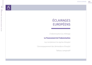 122
122Unédic
L’ASSURANCECHÔMAGE-Dossierderéférencedelanégociation-Février2016
Retour au sommaire
ÉCLAIRAGES
EUROPÉENS
L’indemnisation du chômage
Le financement de l’indemnisation
Les incitations à la reprise d’emploi
L’accompagnement des demandeurs d’emploi
Tableau comparatif
 